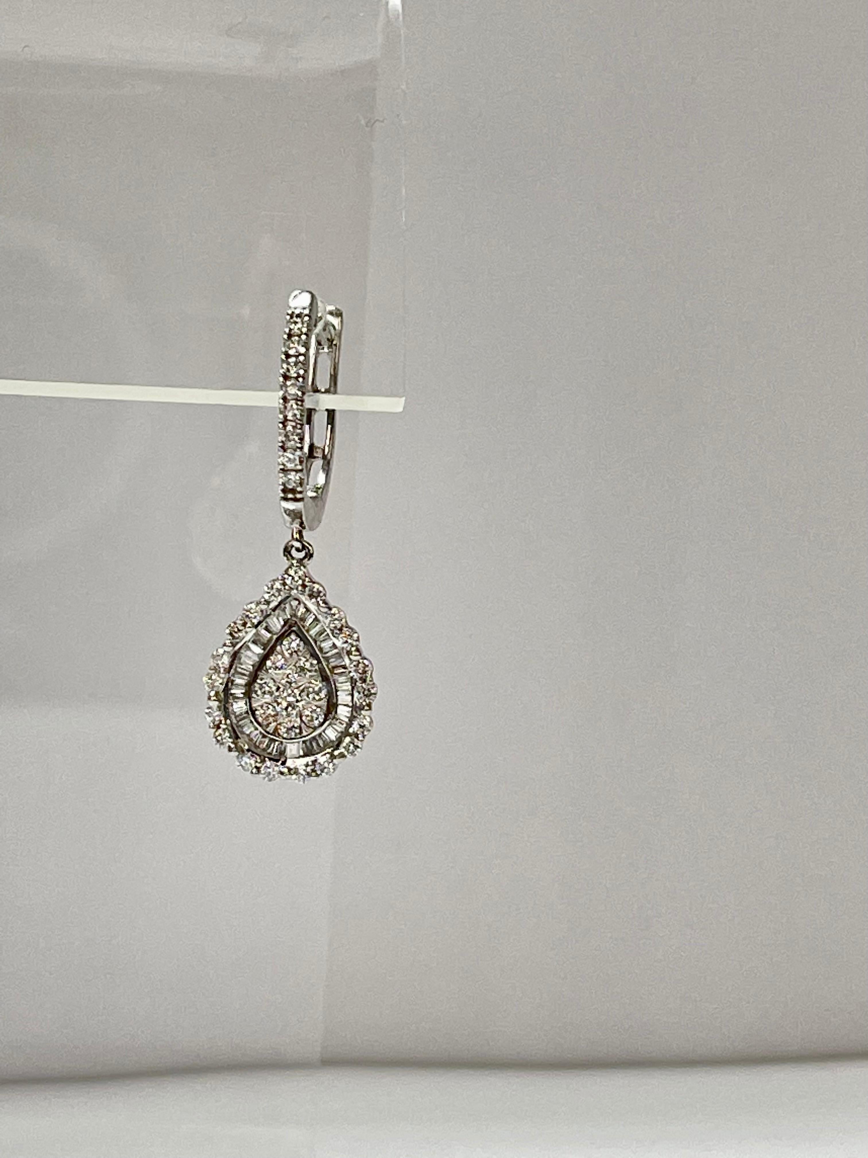 Pear Shaped Diamond Cluster Dangle Earrings in White Gold For Sale 2