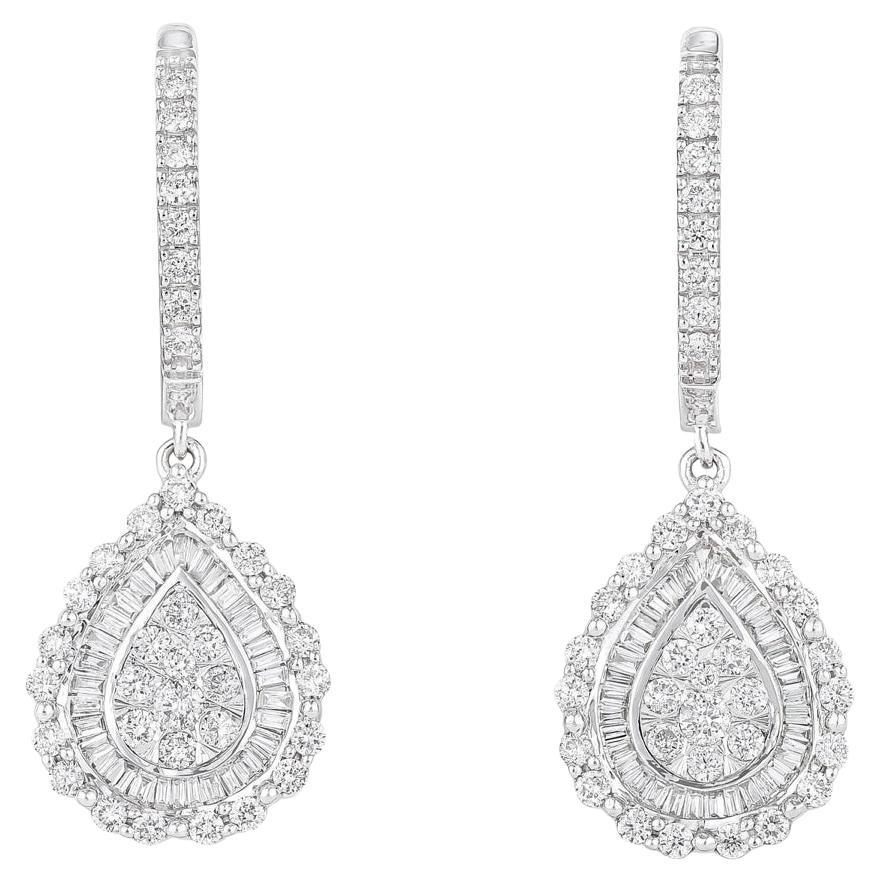 Pear Shaped Diamond Cluster Dangle Earrings in White Gold For Sale