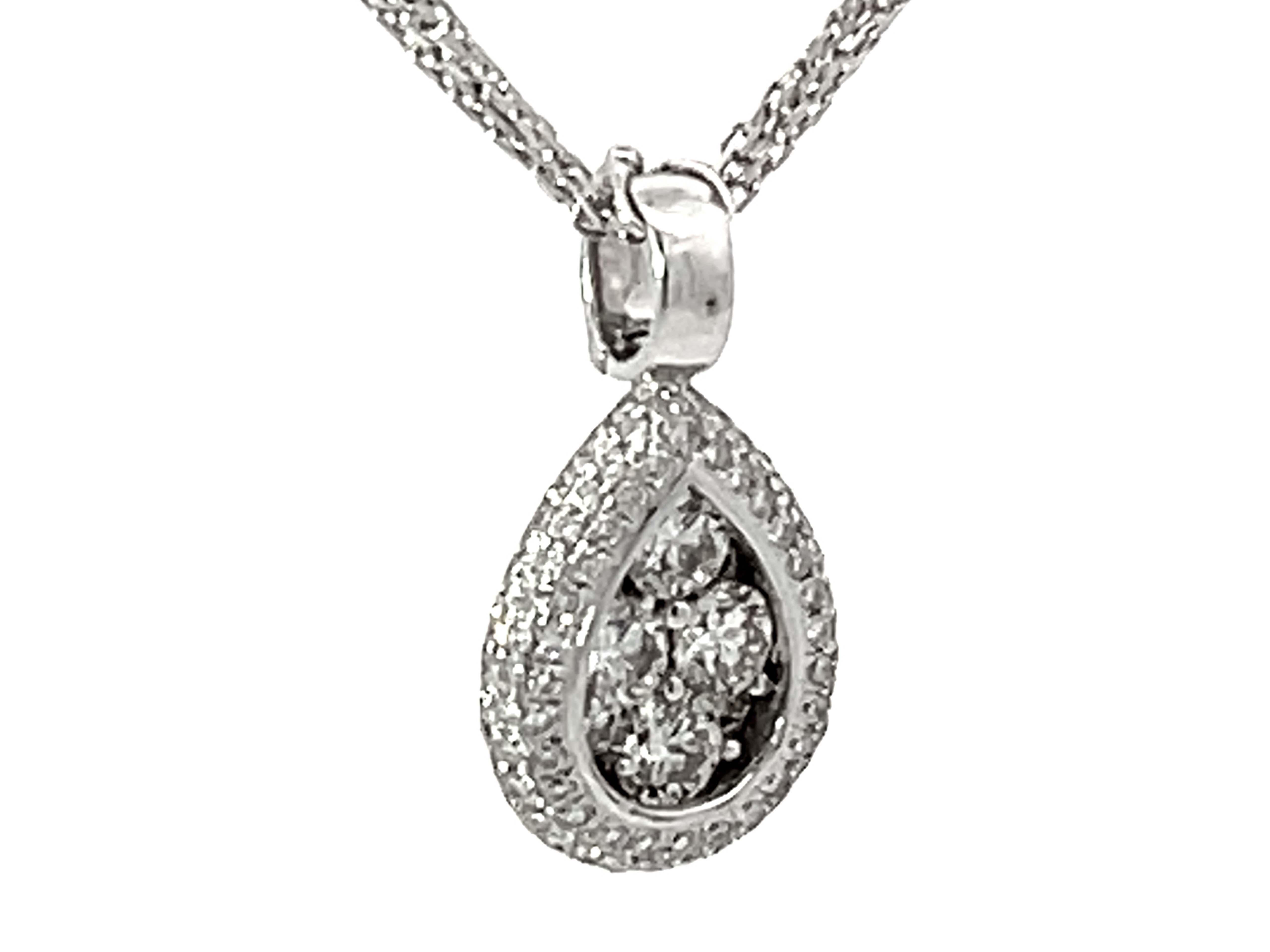 Modern Pear Shaped Diamond Cluster Halo Pendant Triple Chain Necklace Solid White Gold For Sale