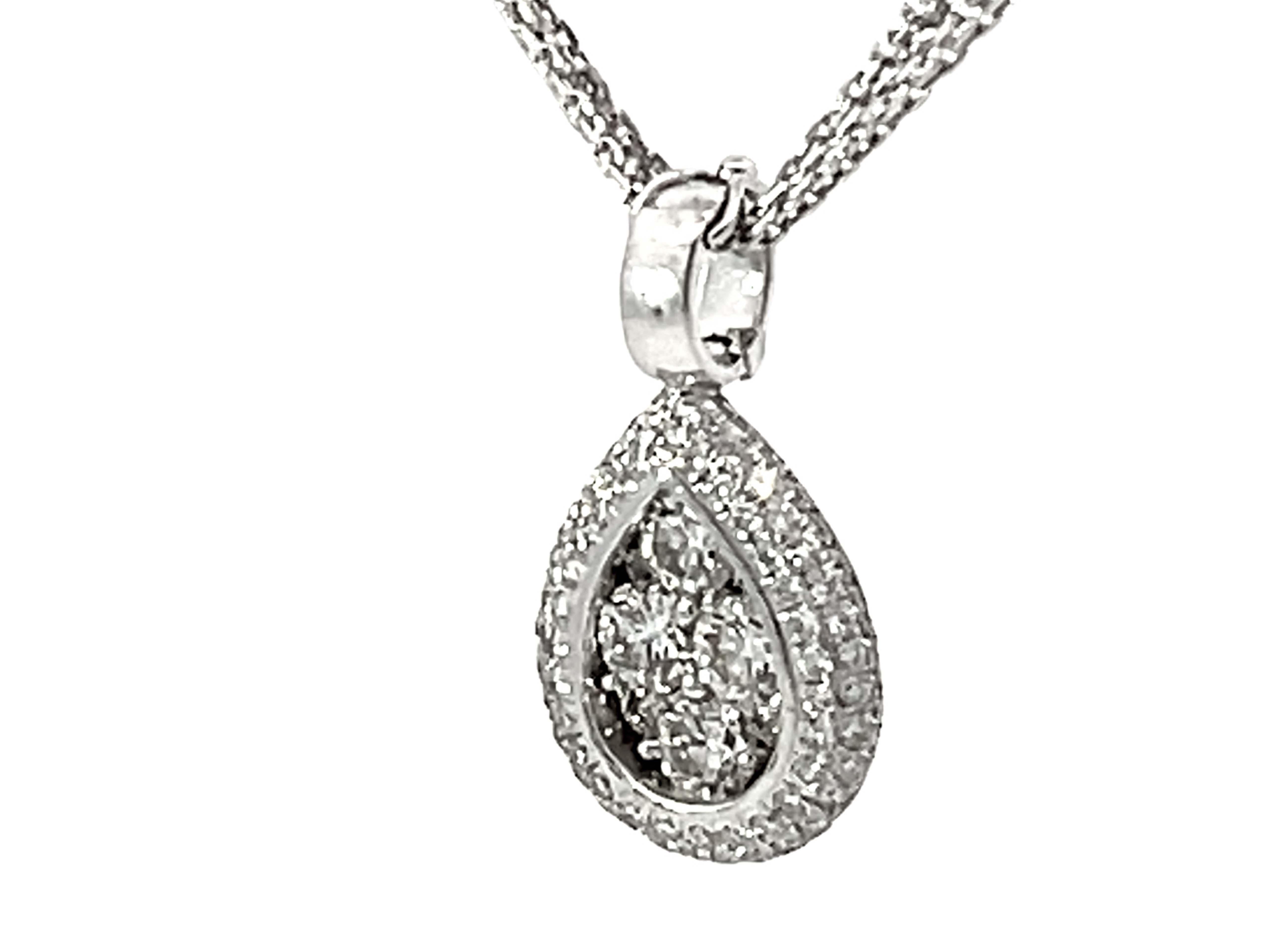 Brilliant Cut Pear Shaped Diamond Cluster Halo Pendant Triple Chain Necklace Solid White Gold For Sale