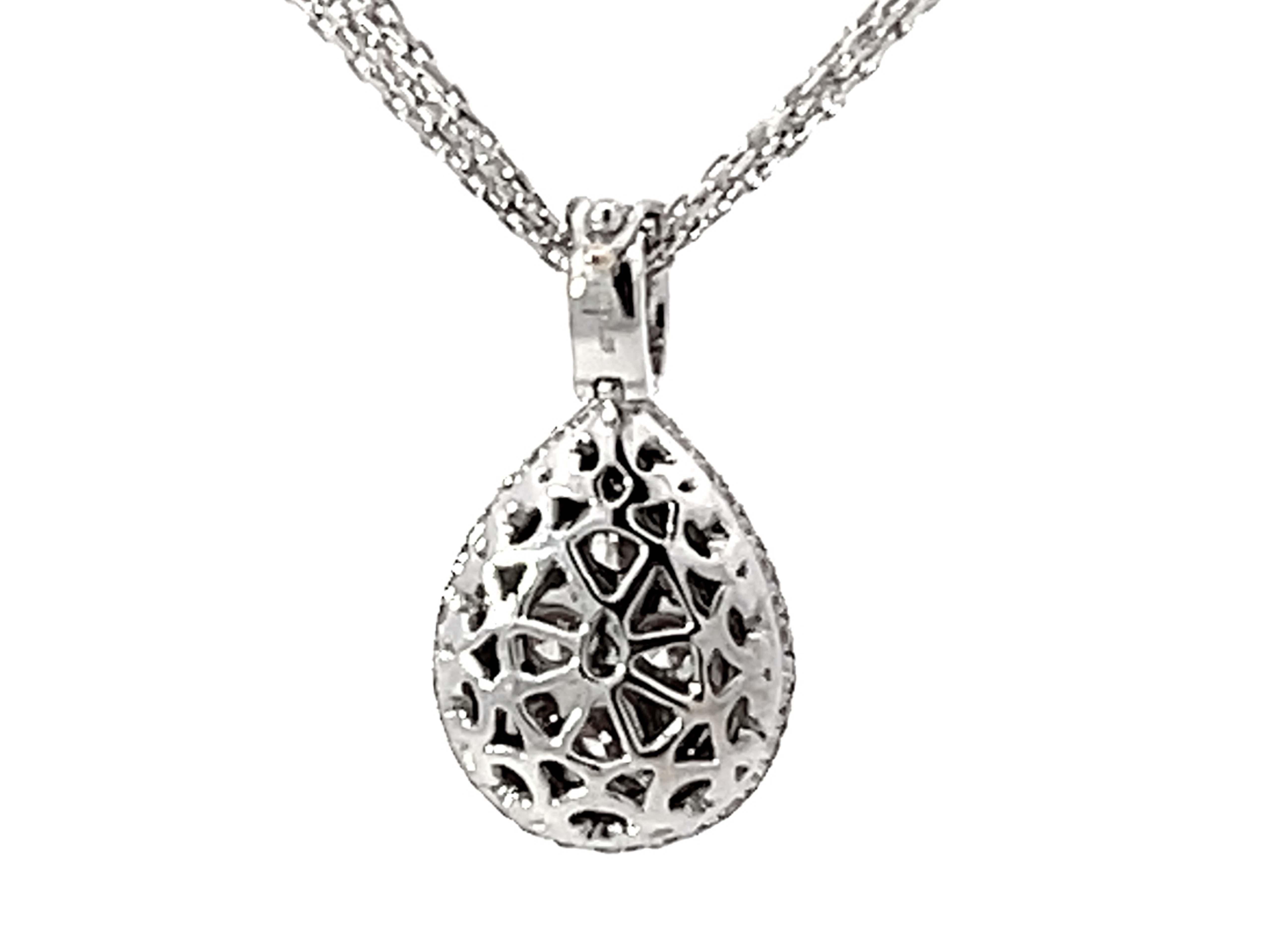 Pear Shaped Diamond Cluster Halo Pendant Triple Chain Necklace Solid White Gold For Sale 1
