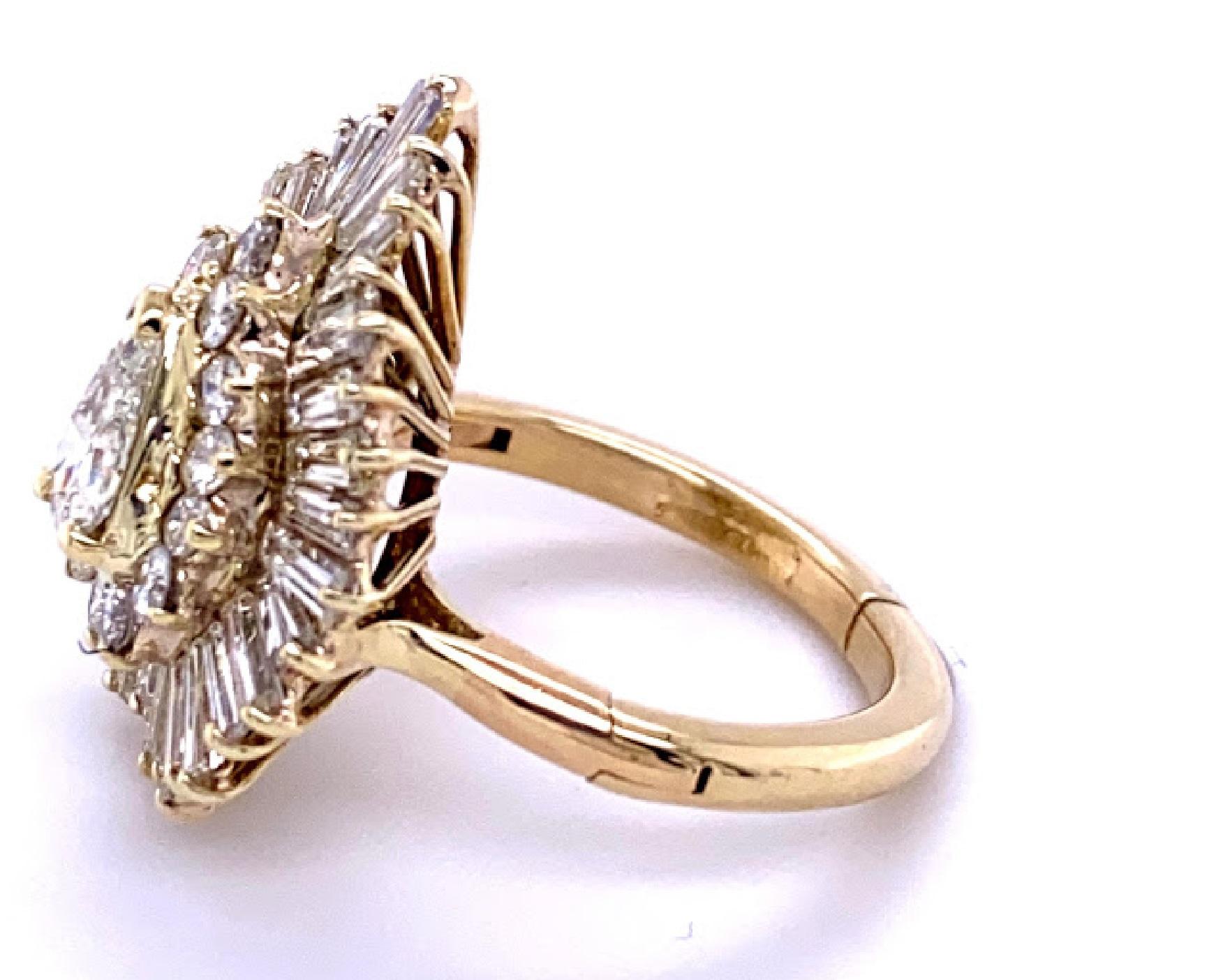 14 karat yellow gold cluster ring with a pear shaped center stone measuring 7 mm by 5 mm weighing 0.70 carat. Surrounding the pear shaped center stone are 14 round brilliant diamonds weighing approximately 0.42 carat total weight, as well as 32