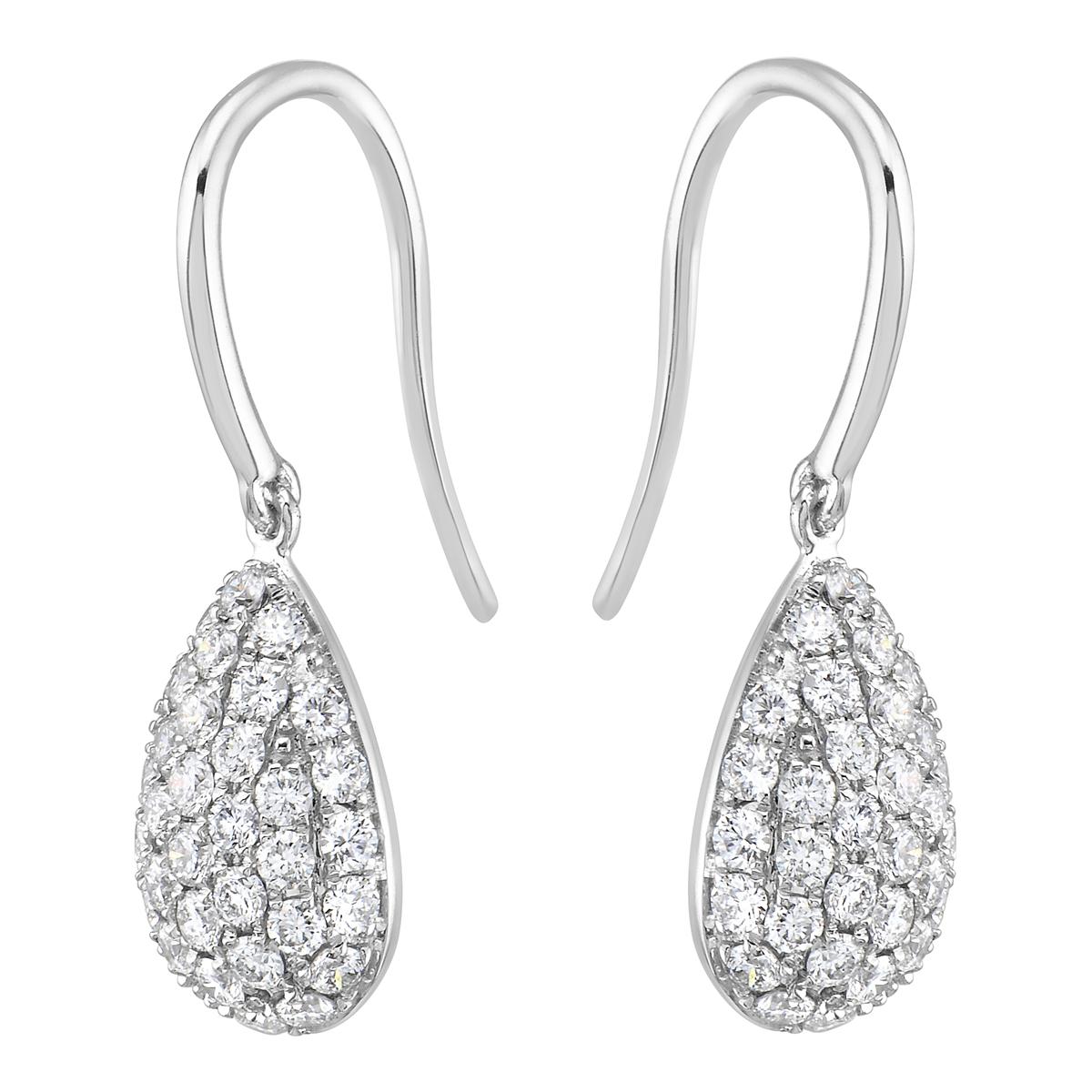 With these exquisite pear-shaped white-gold diamond dangle earrings, style and glamour are in the spotlight. These earrings are set in 18-karat gold, made out of 3.3 grams of gold. The color of the diamonds is G color and the clarity of the diamonds