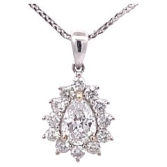 Vintage Pear Shaped Diamond Halo Pendant in 18k White Gold with Chain