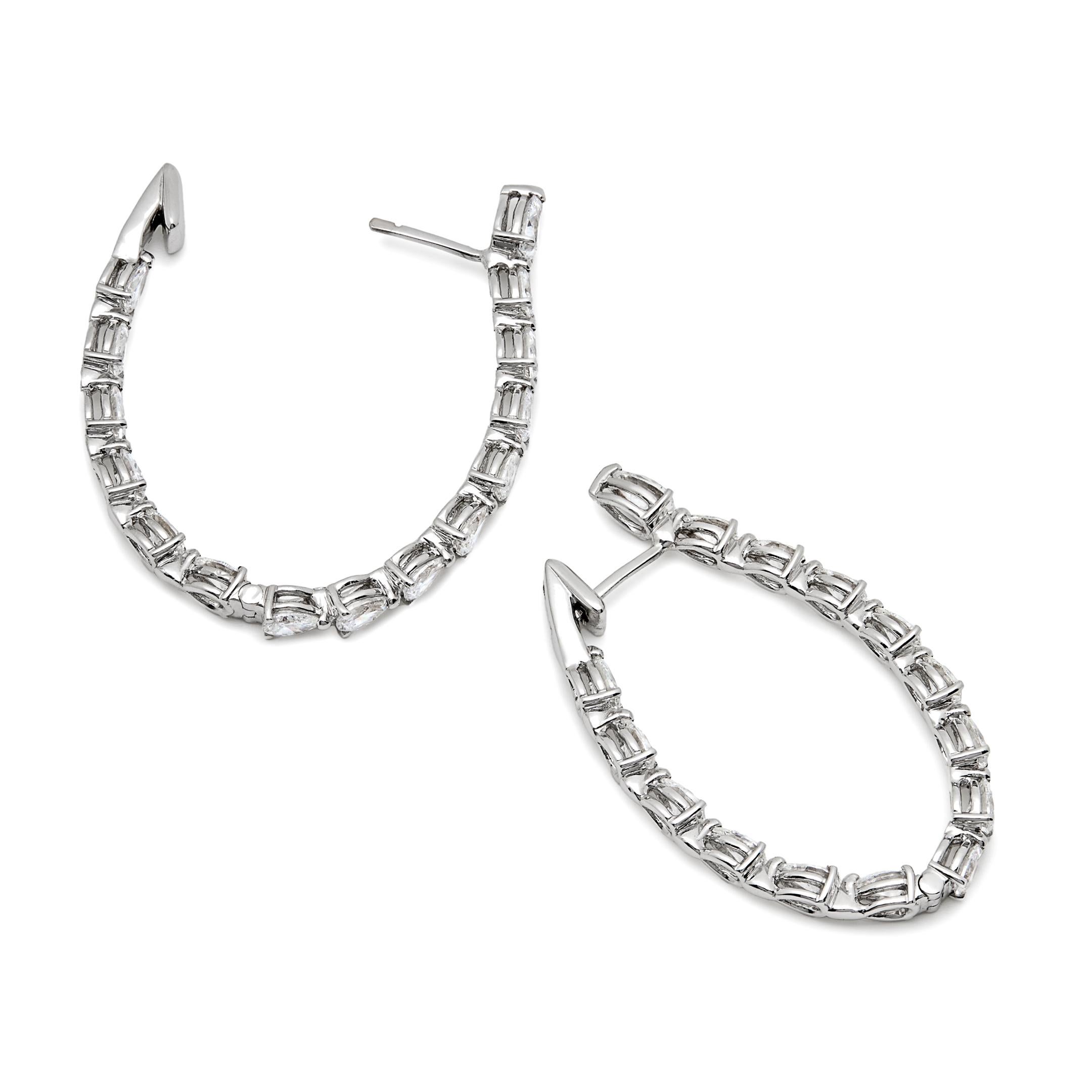 Contemporary Pear-Shaped Diamond Hoop Earrings in White Gold For Sale
