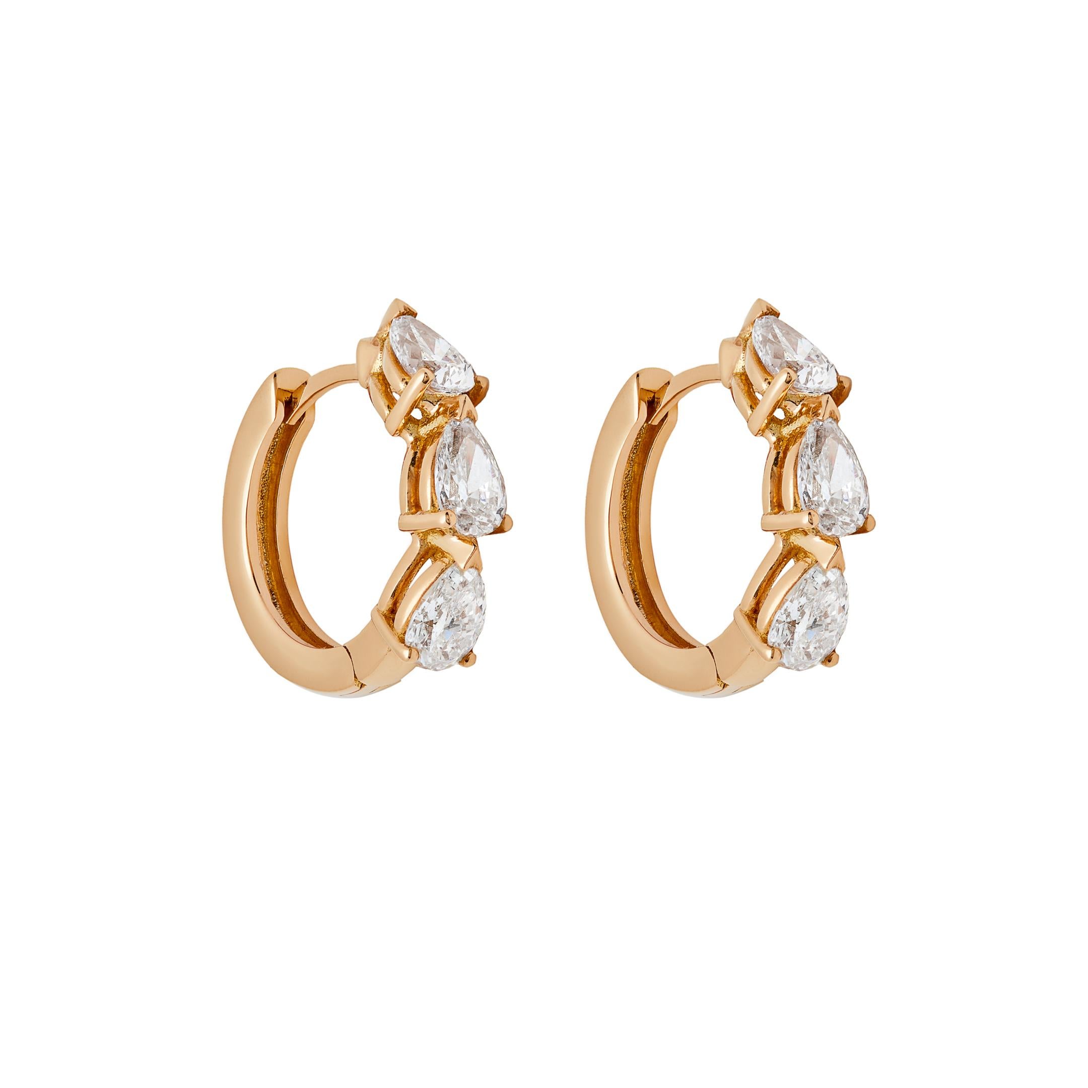 Pear Cut Pear-Shaped Diamond Huggies in Rose Gold For Sale