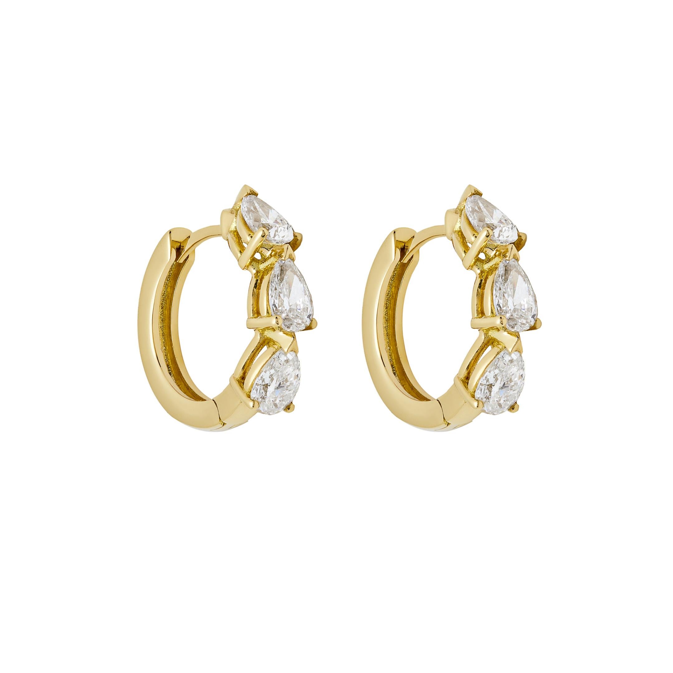 Pear Cut Pear-Shaped Diamond Huggies in Yellow Gold For Sale
