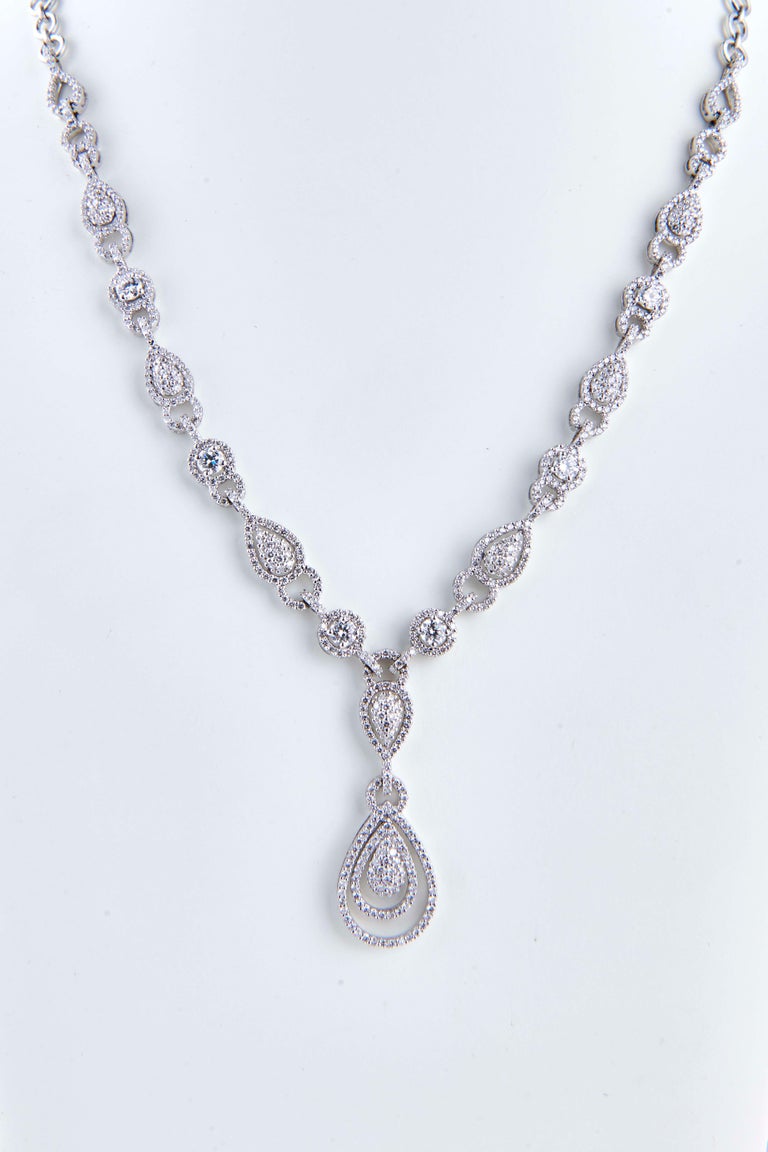 Pear Shaped Diamond Necklace Set in 18k White Gold and Studded in Real