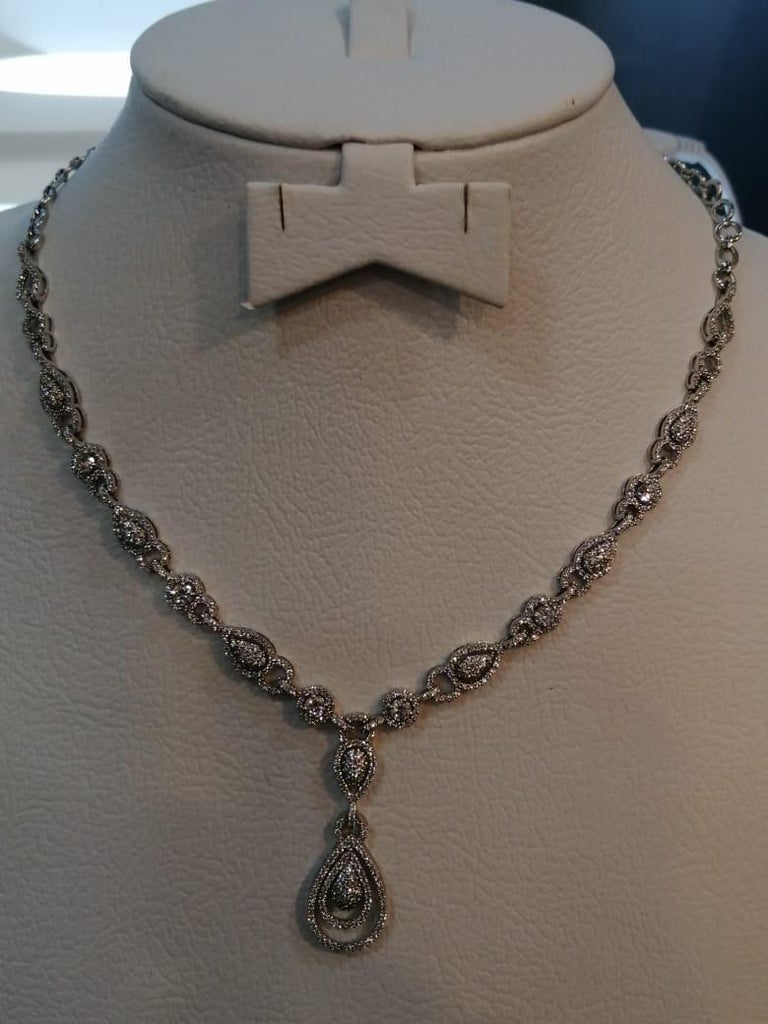 Pear Shaped Diamond Necklace Set in 18k White Gold and Studded in Real