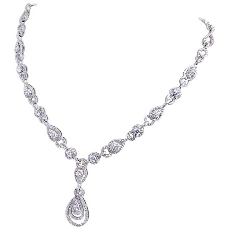 Pear Shaped Diamond Necklace Set in 18k White Gold and Studded in Real ...