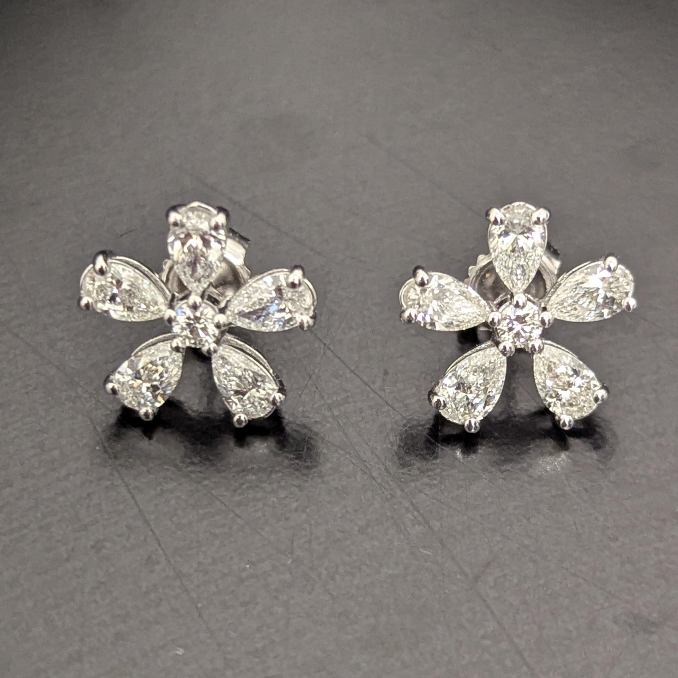 Women's Pear-Shaped Diamond & Platinum Flower Stud Earrings For Sale