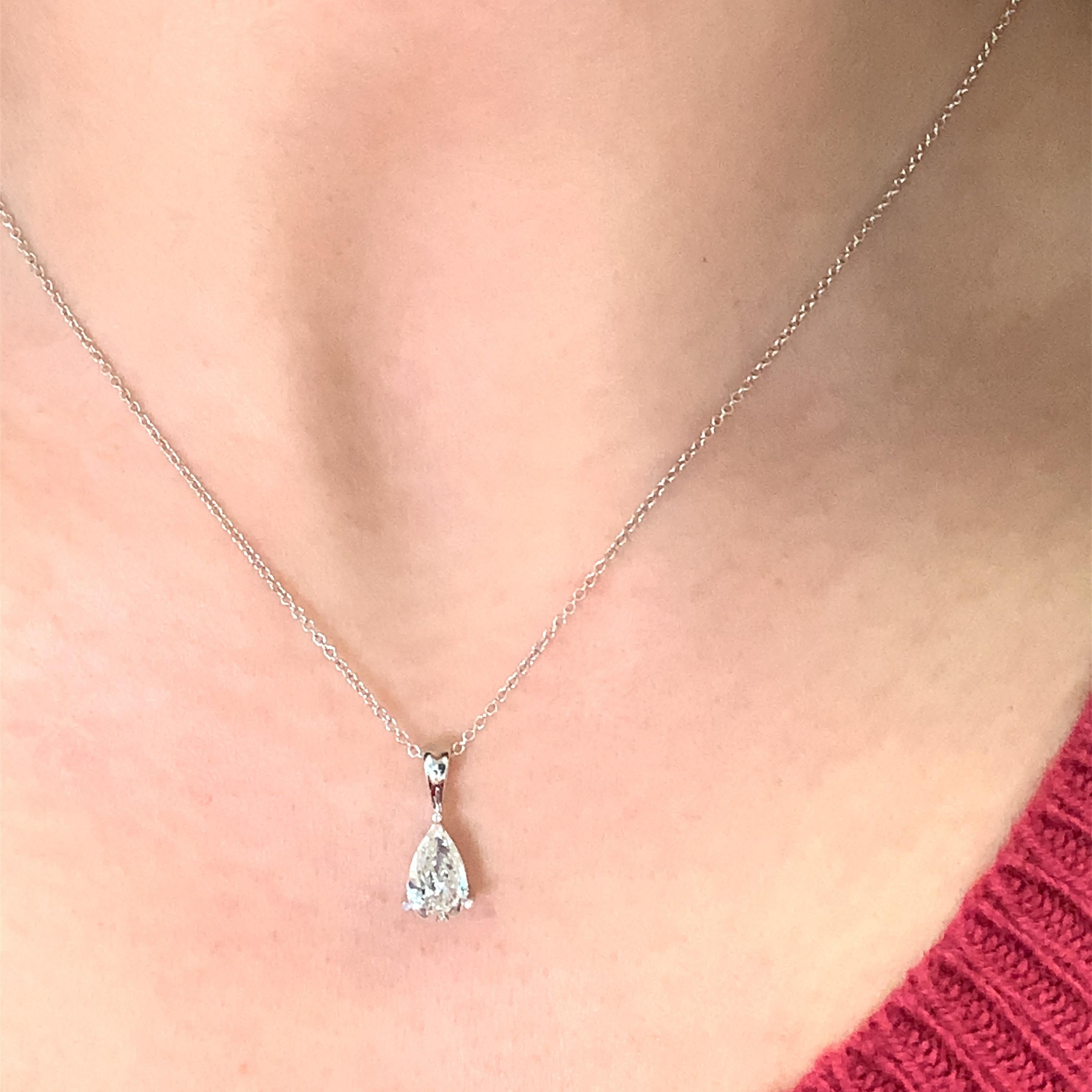 Pear Cut Pear shaped diamond solitaire drop pendant necklace 18k white gold  For Sale