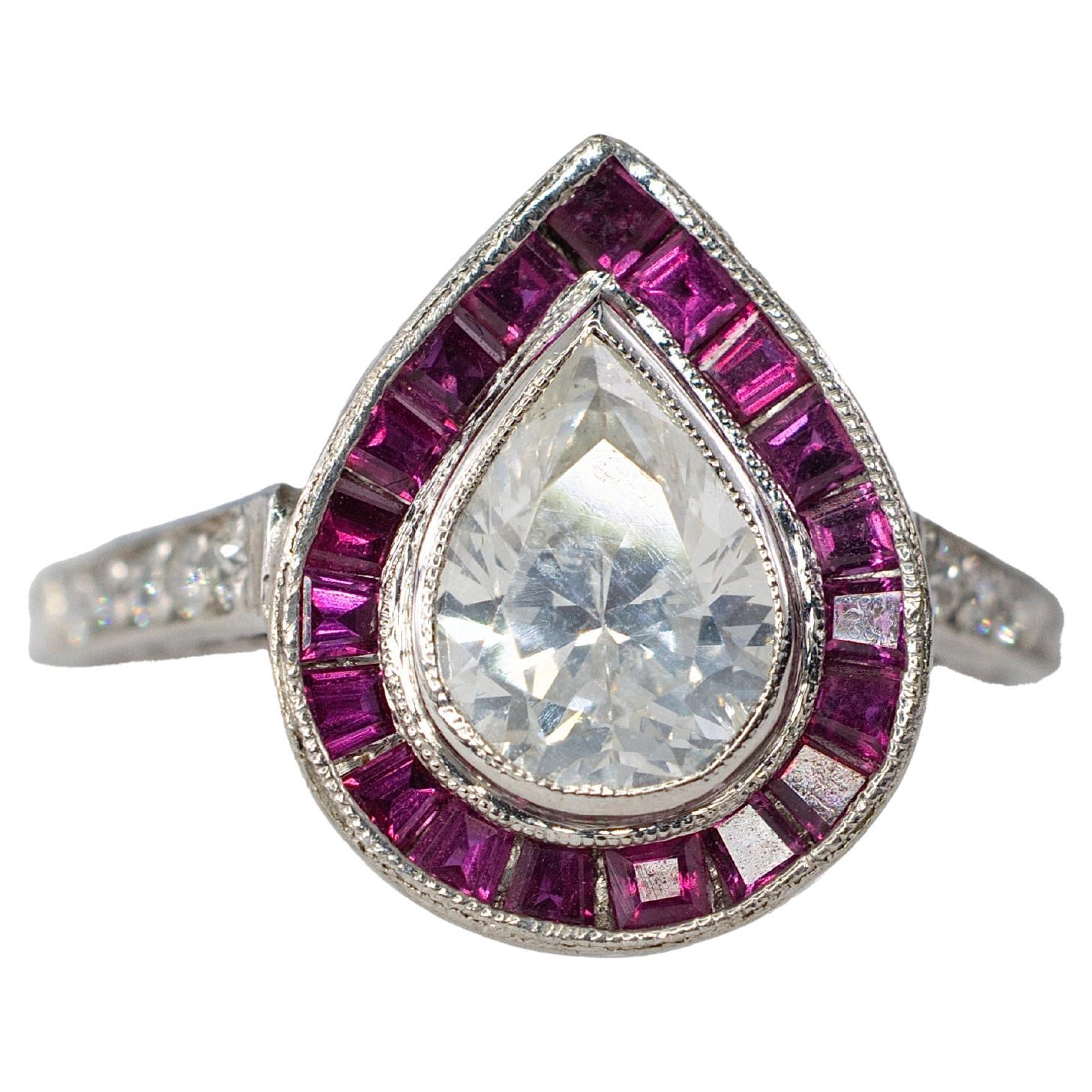 Pear-Shaped Diamond with French-Cut Ruby Halo and Diamond Ring For Sale
