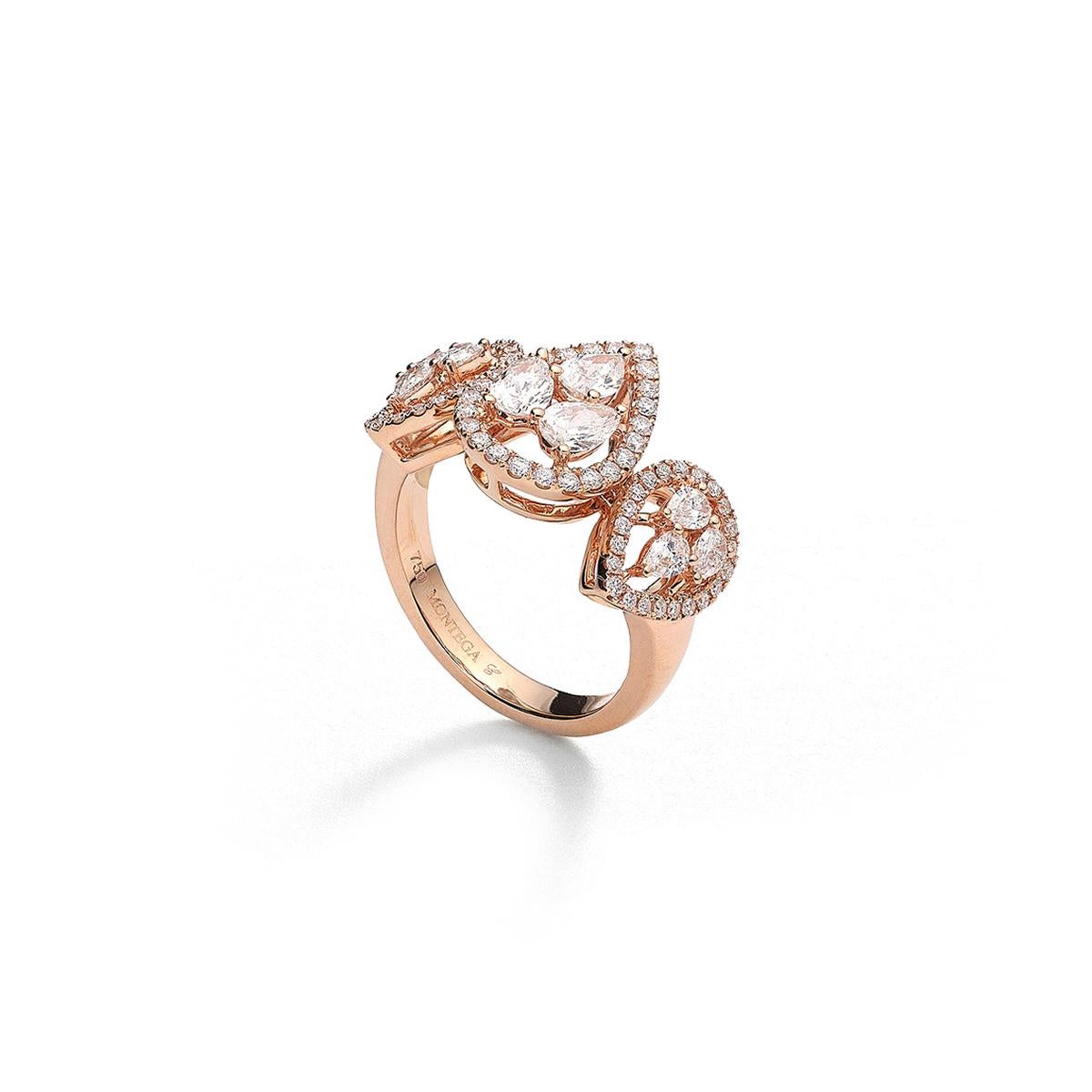 Ring in 18kt pink gold set with round and pear shaped cut diamonds 1.54 cts Size 53       