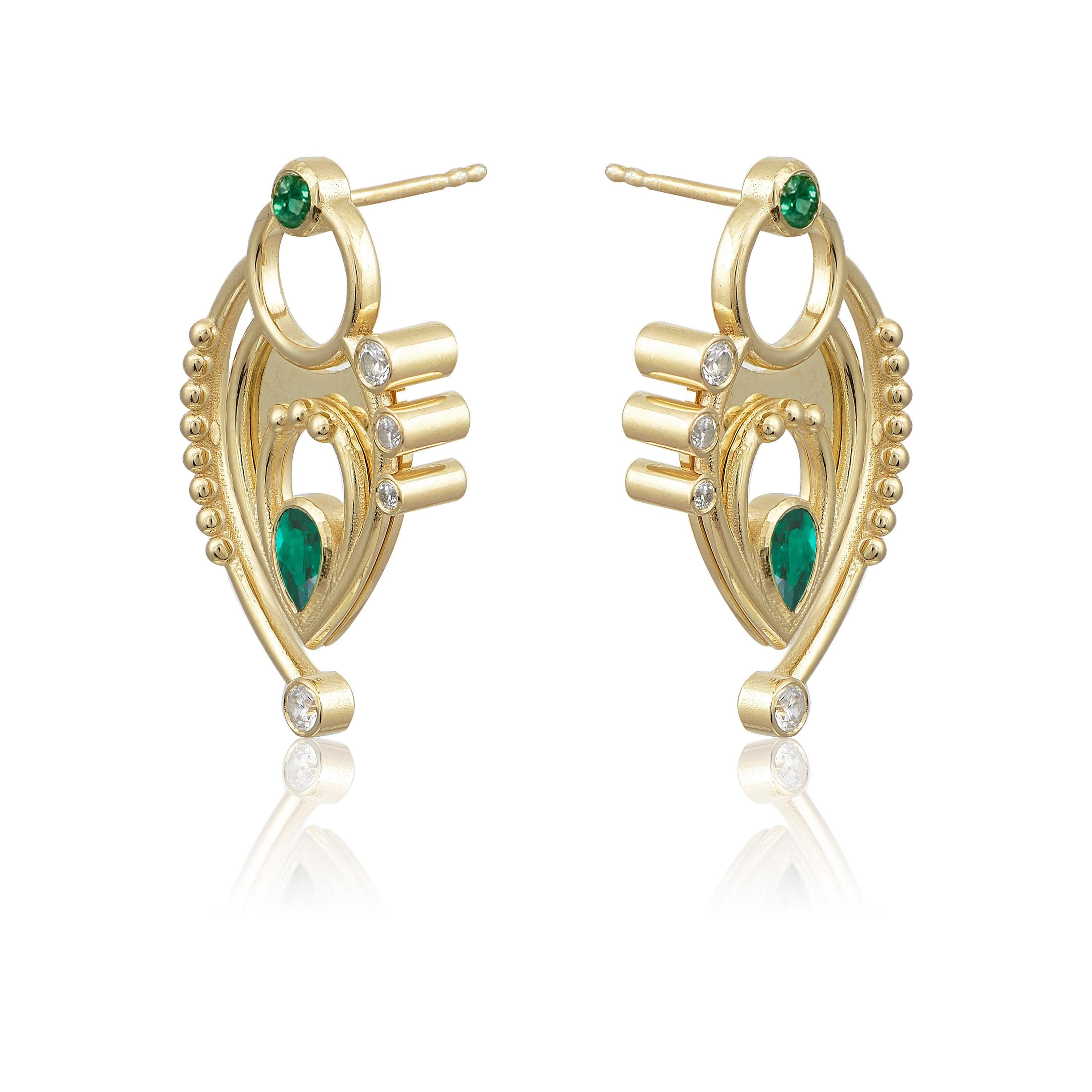 Pear Cut Pear Shaped Earrings in 18 Karat Yellow Gold with Diamonds And Emeralds For Sale