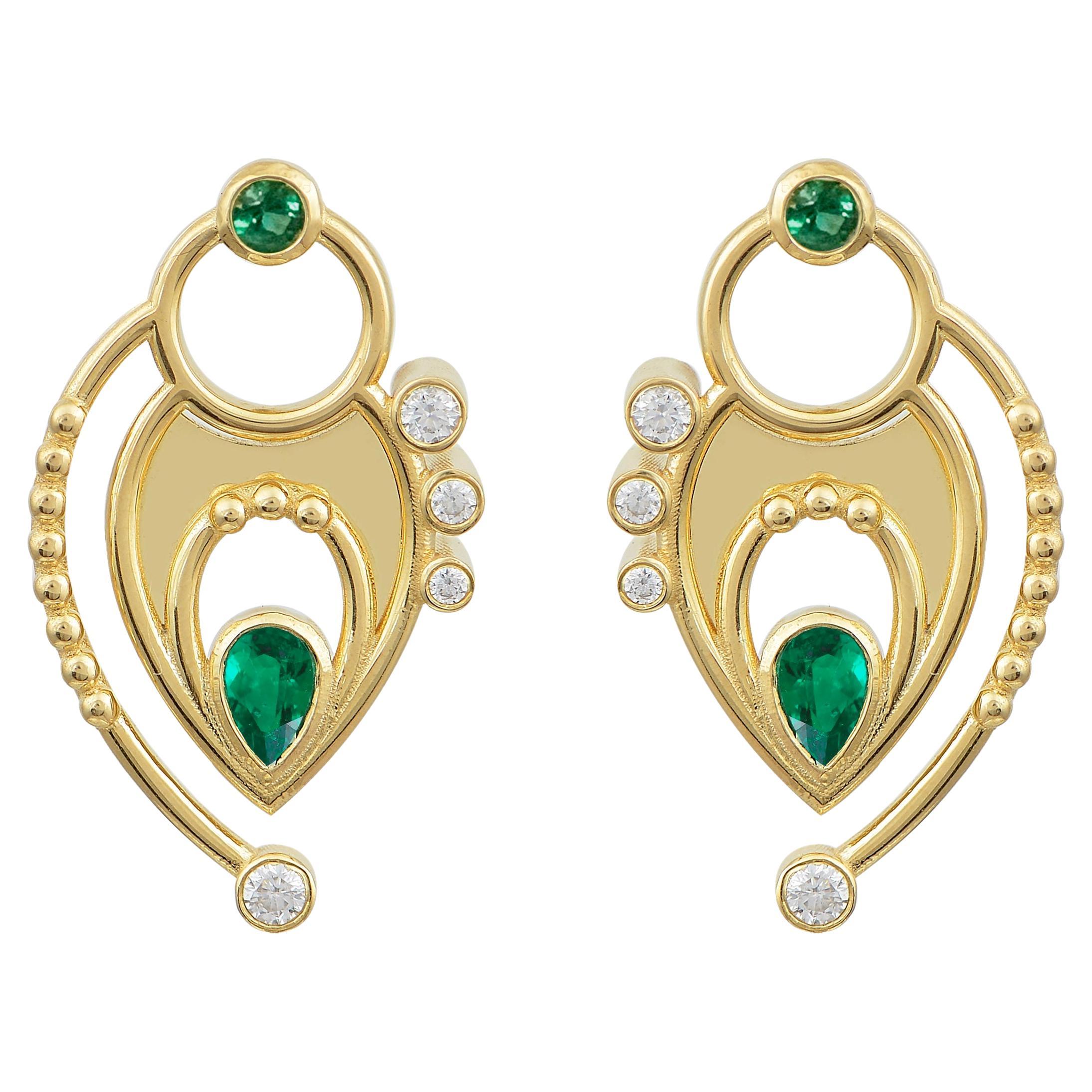 Pear Shaped Earrings in 18 Karat Yellow Gold with Diamonds And Emeralds For Sale