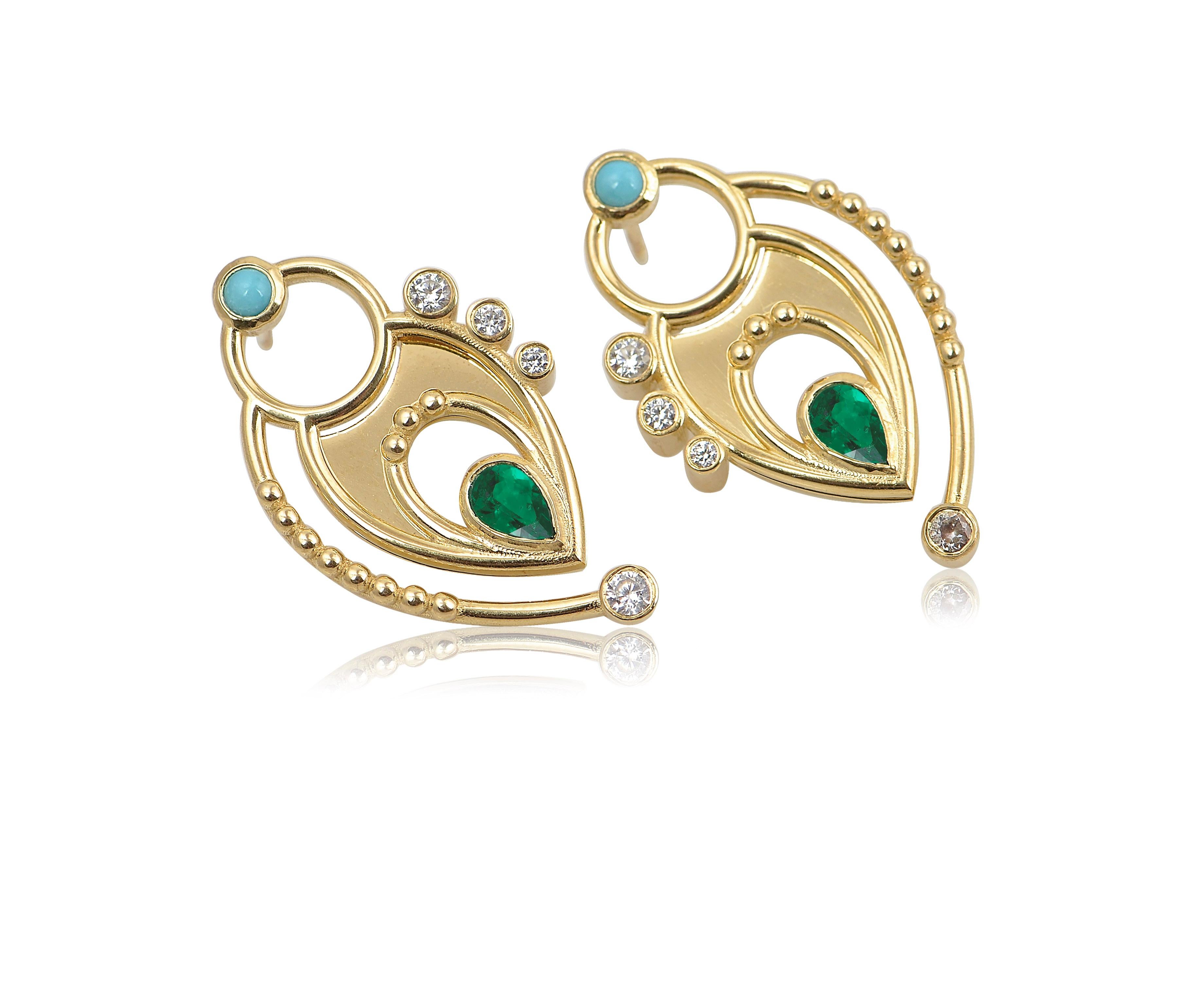 Contemporary Pear Shaped Earrings in 18 Karat Yellow Gold with Diamonds, Emeralds, Turquoise For Sale