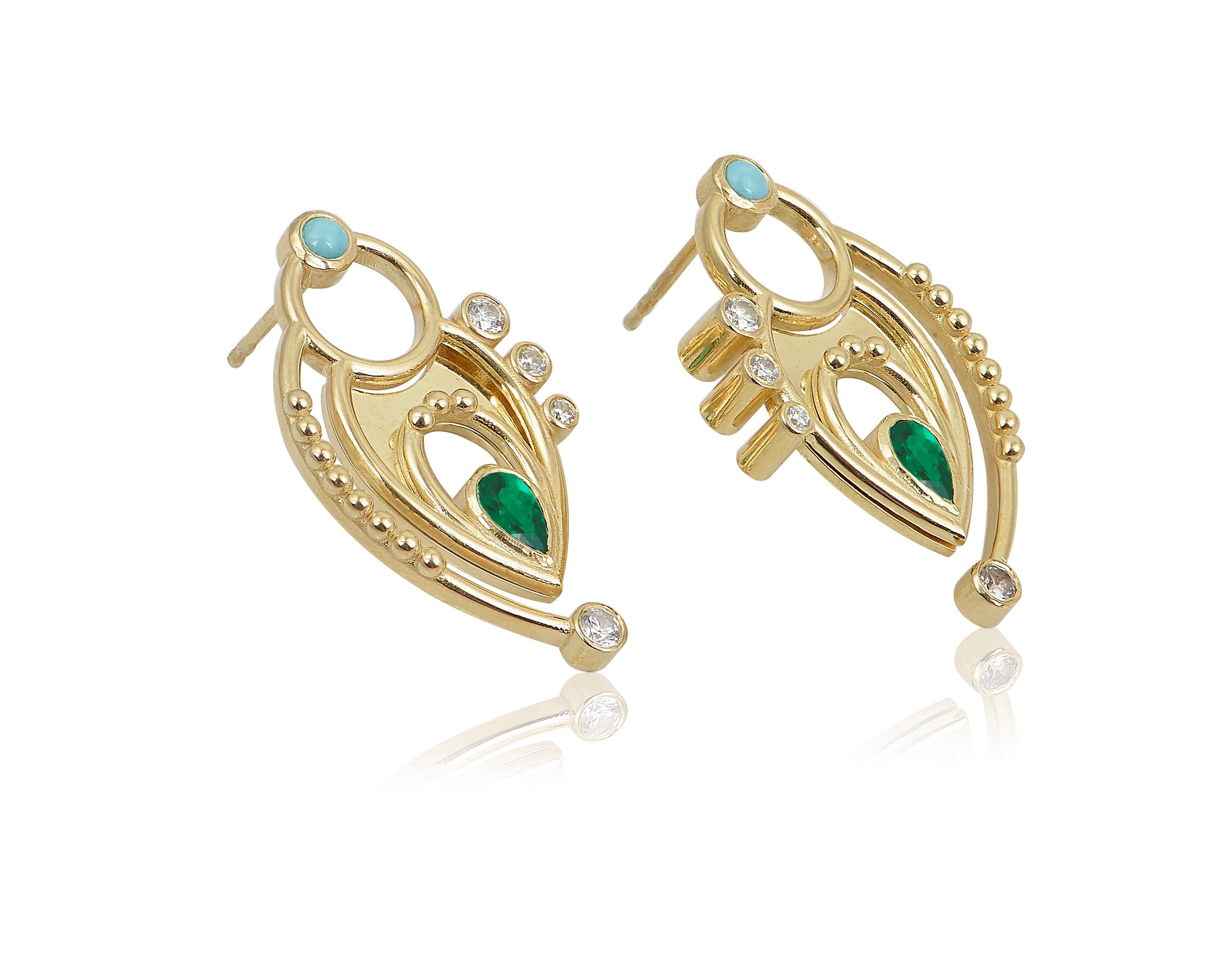 Pear Cut Pear Shaped Earrings in 18 Karat Yellow Gold with Diamonds, Emeralds, Turquoise For Sale