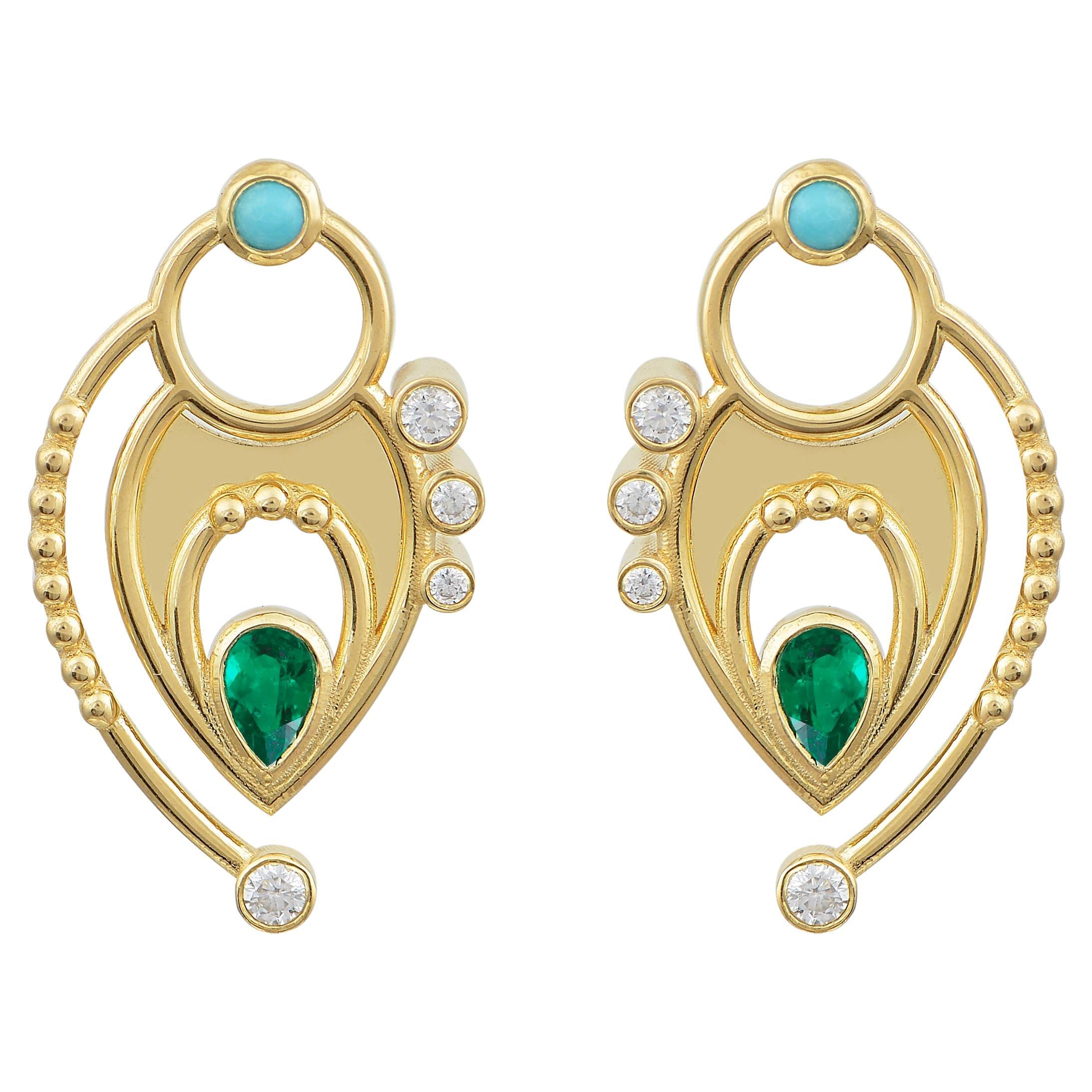 Pear Shaped Earrings in 18 Karat Yellow Gold with Diamonds, Emeralds, Turquoise