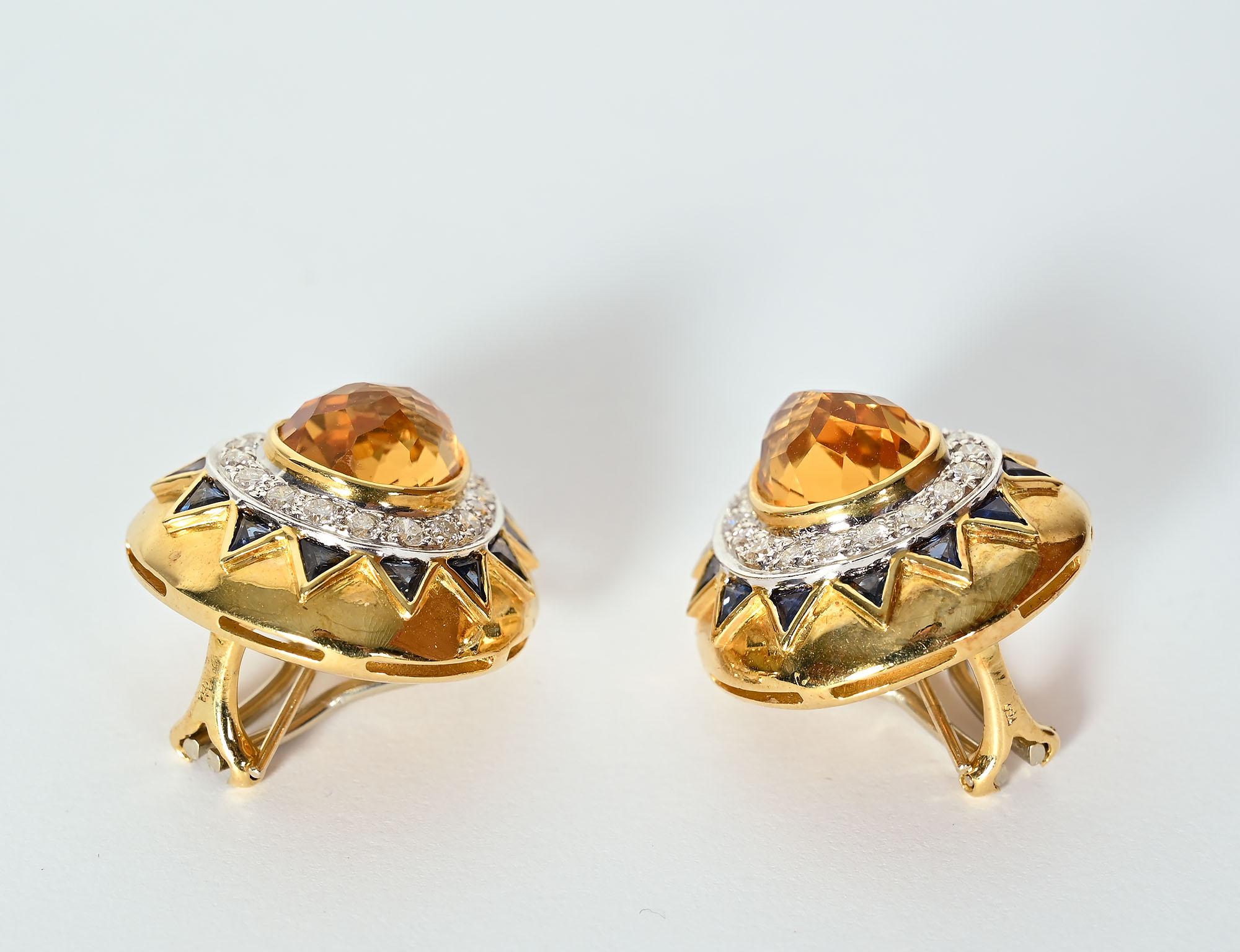 Contemporary Pear Shaped Earrings with Citrine; Sapphires and Diamonds For Sale