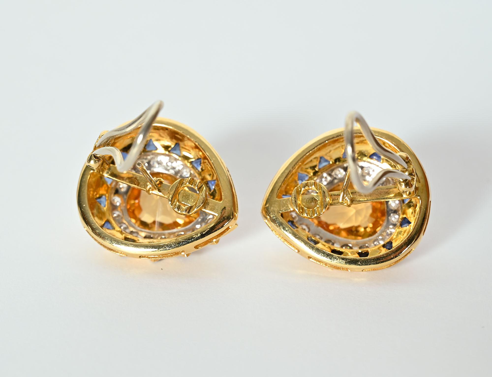 Pear Cut Pear Shaped Earrings with Citrine; Sapphires and Diamonds