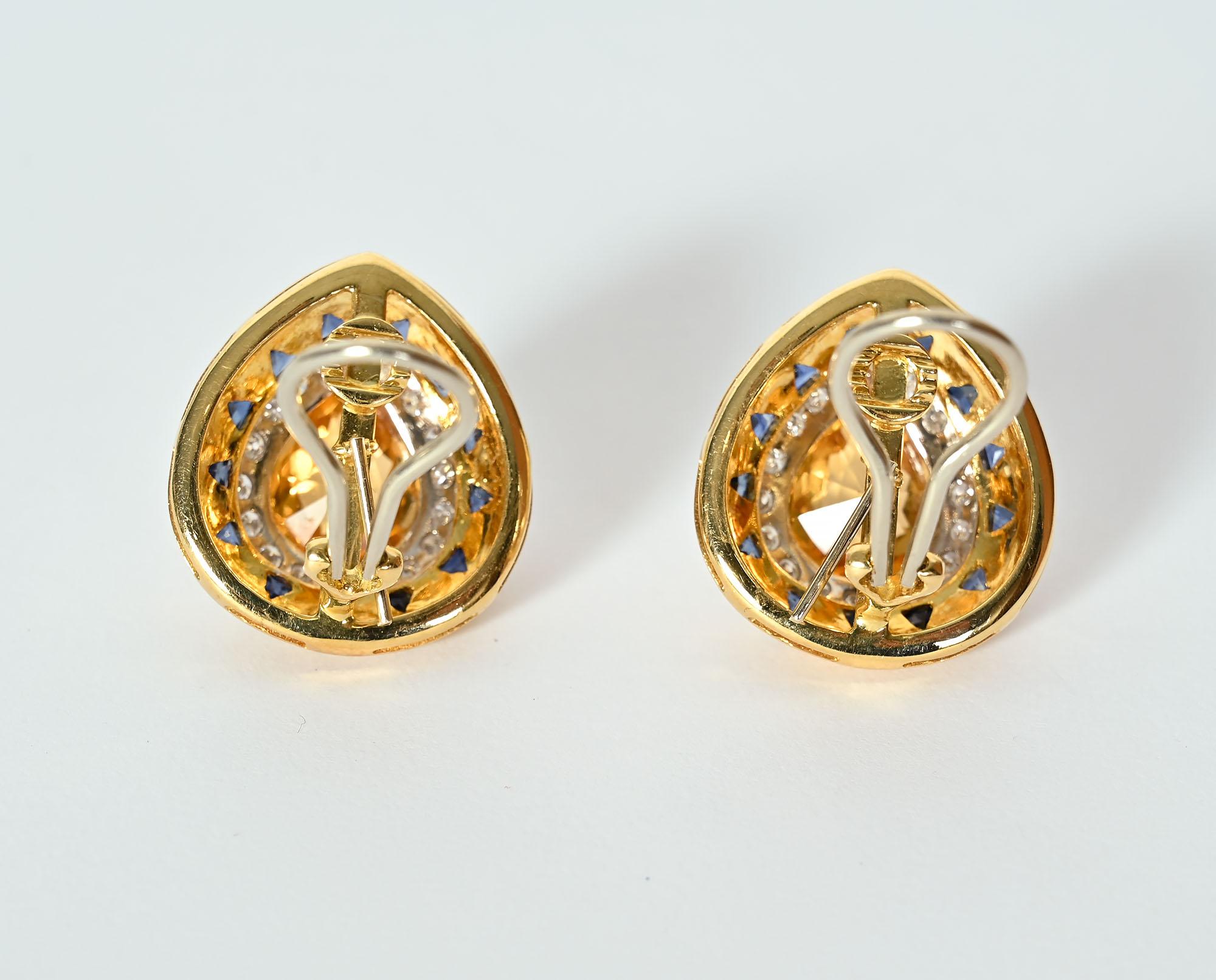 Pear Shaped Earrings with Citrine; Sapphires and Diamonds In Excellent Condition In Darnestown, MD