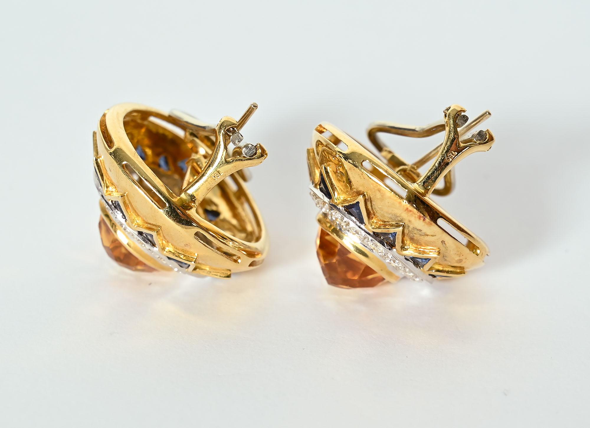 Women's or Men's Pear Shaped Earrings with Citrine; Sapphires and Diamonds For Sale
