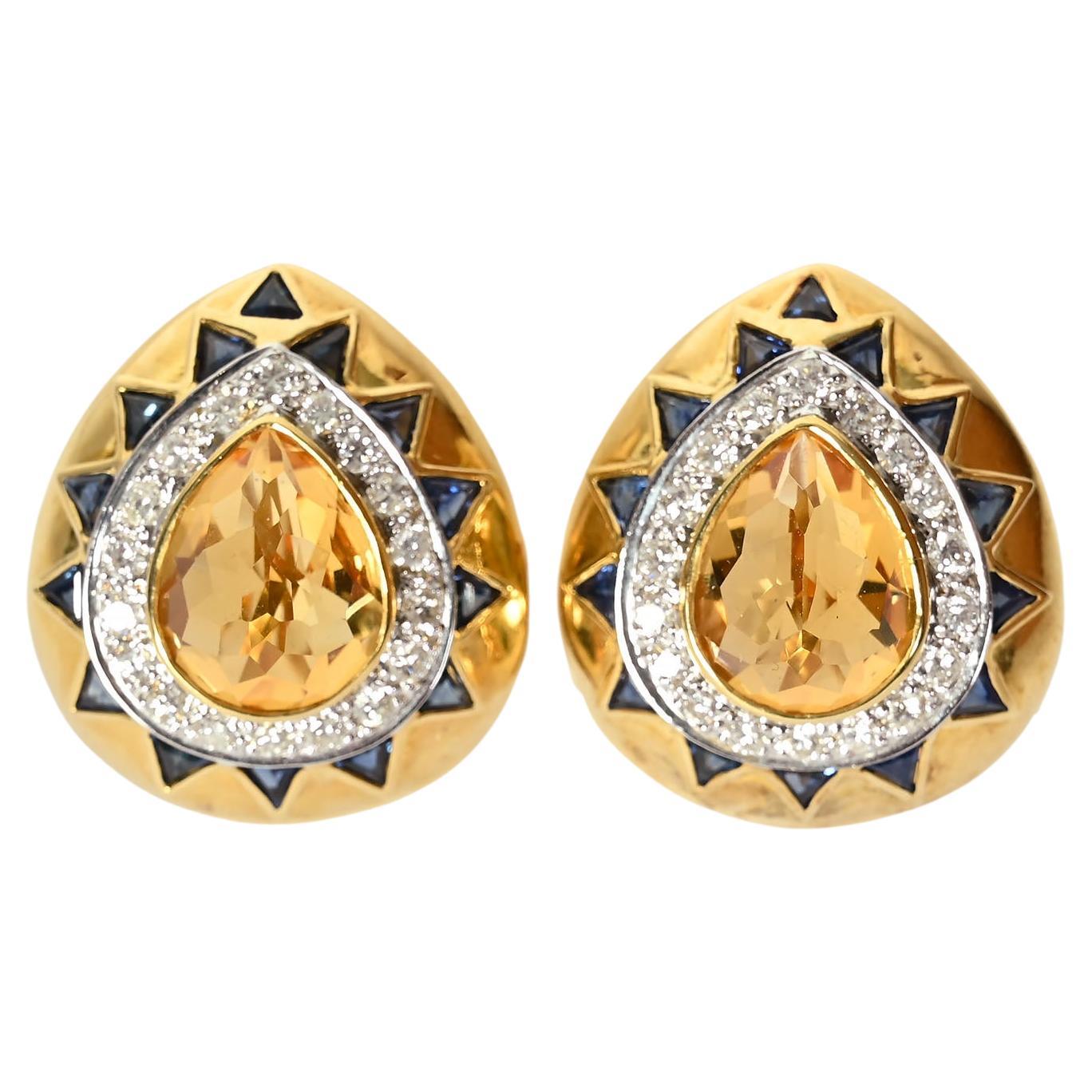 Boucles d'oreilles en forme de poire avec citrine, saphirs et diamants
