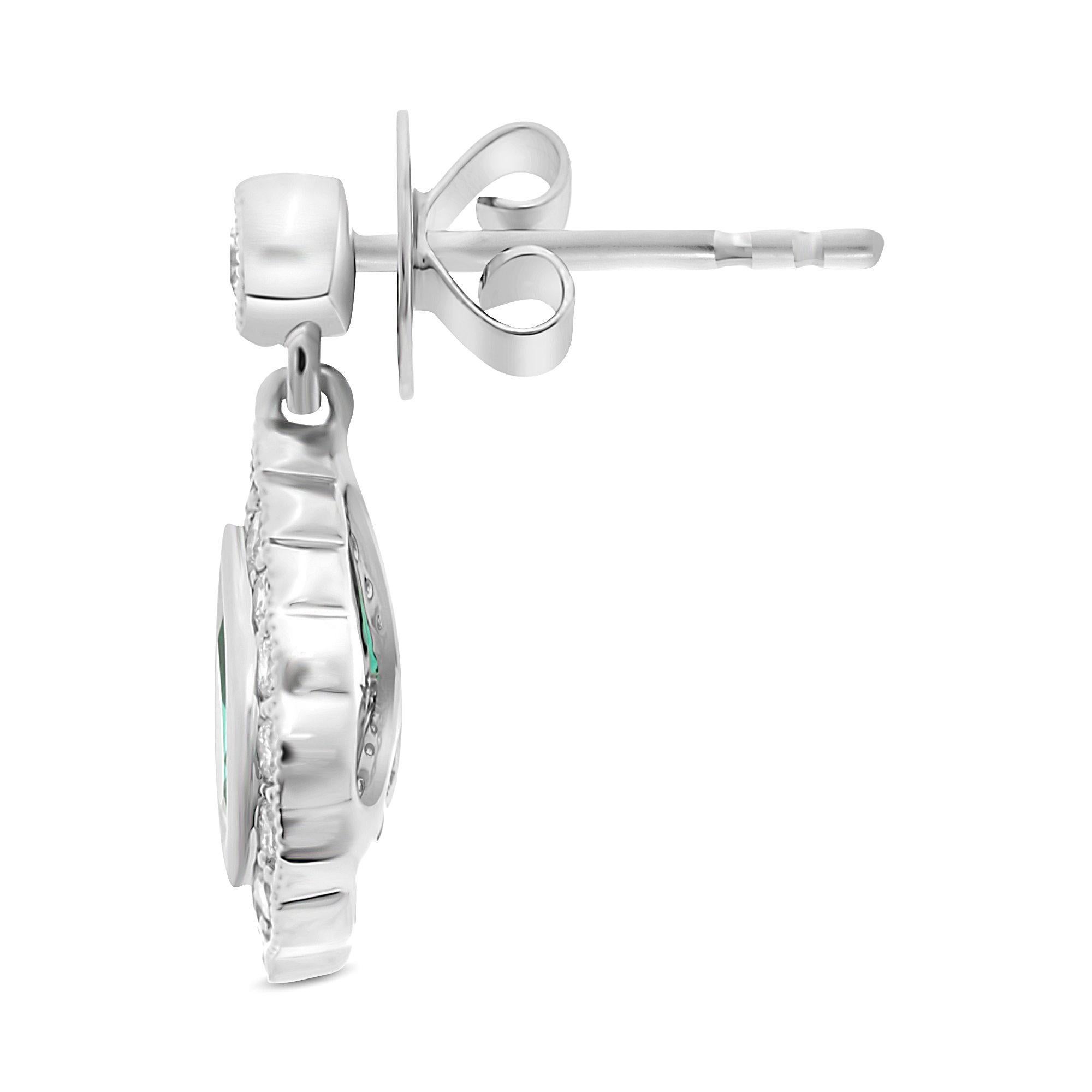 Pear Cut Pear-Shaped Emerald and Diamond 18 Karat White Gold Milgrain Halo Earrings For Sale