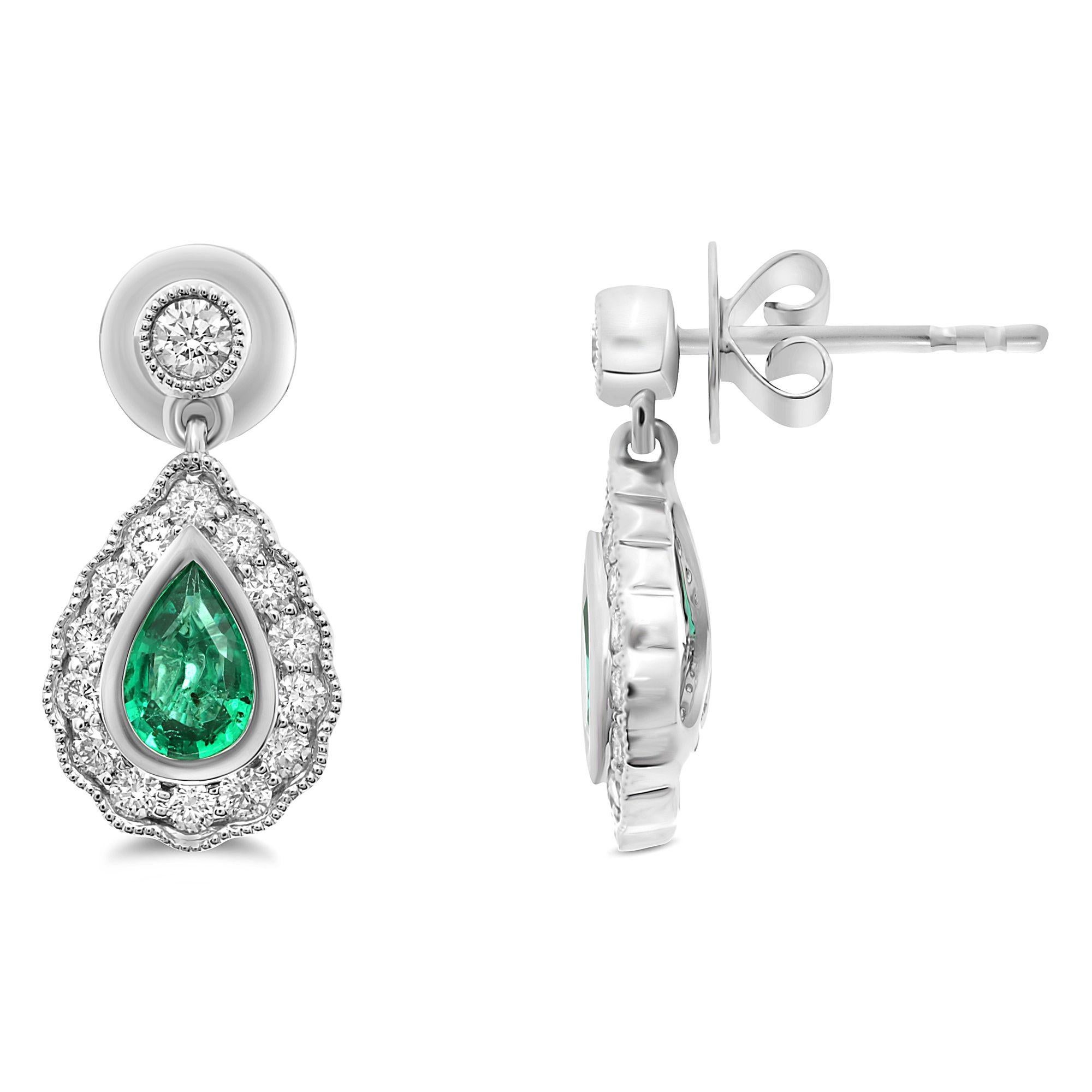 Pear-Shaped Emerald and Diamond 18 Karat White Gold Milgrain Halo Earrings In New Condition For Sale In New York, NY