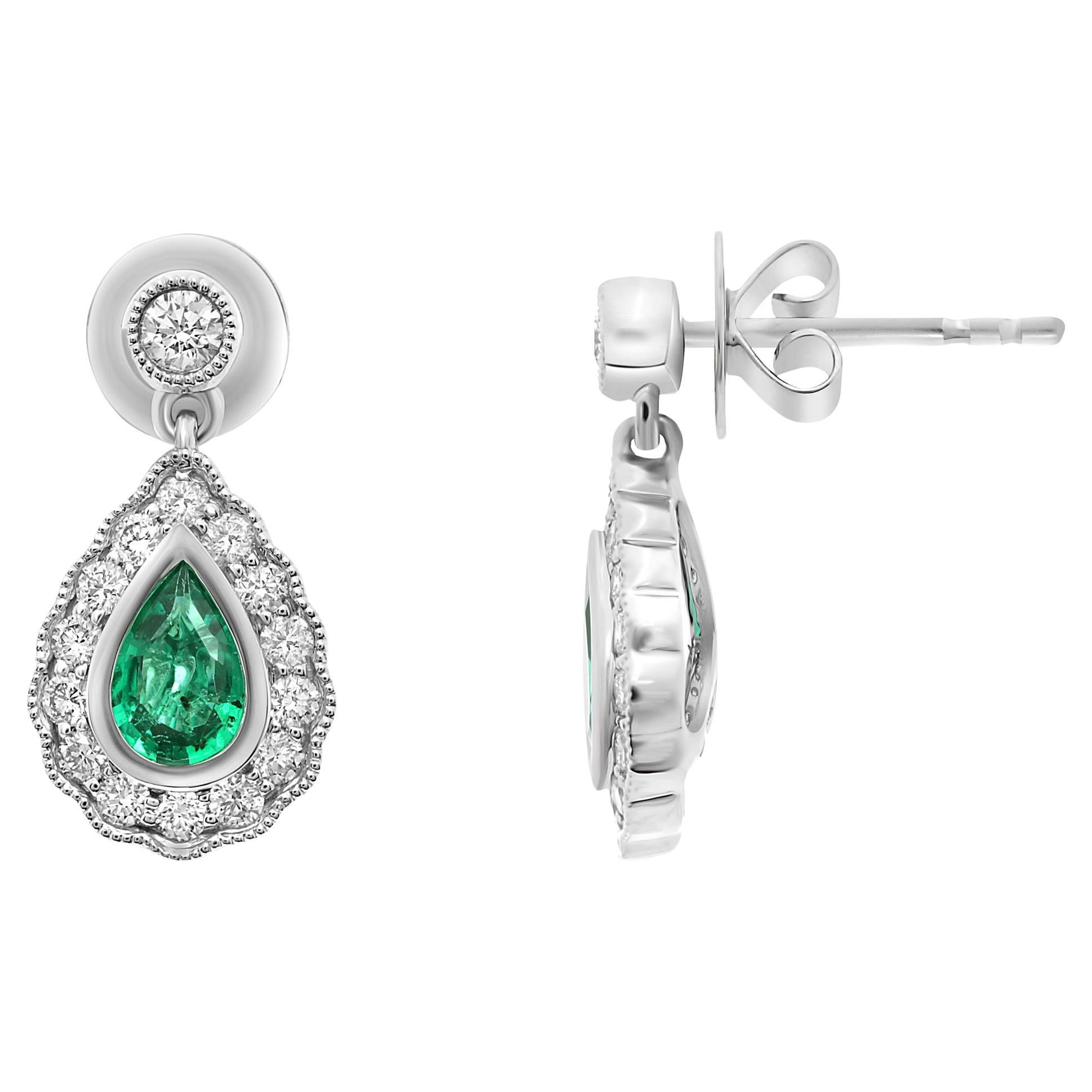 Pear-Shaped Emerald and Diamond 18 Karat White Gold Milgrain Halo Earrings For Sale