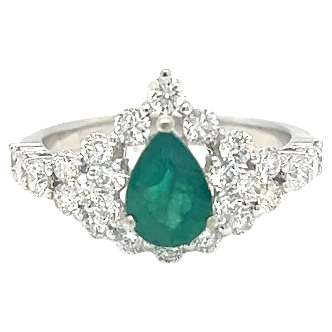 Pear Shaped Emerald and Diamond Cluster Ring 18k White Gold