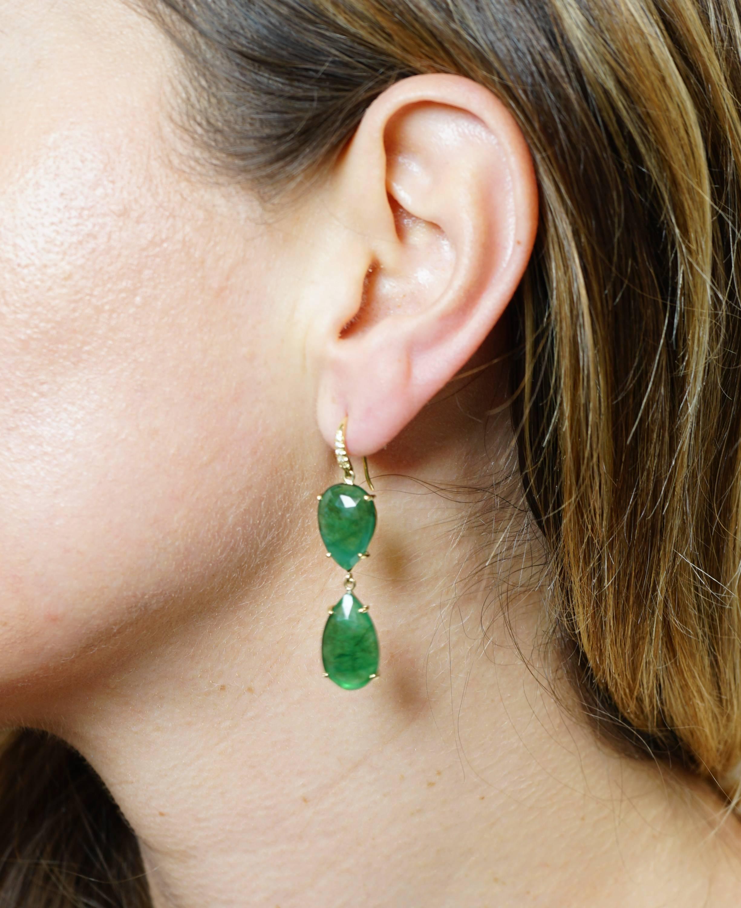 Artisan Pear Shaped Emerald and Diamond Drop Earrings by Lauren K