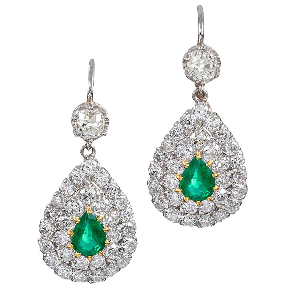 Pear-Shaped Emerald and Diamond Drop Earrings