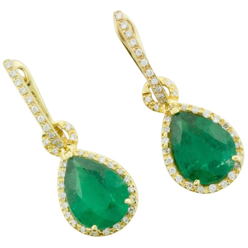 Pear Shaped Emerald and Diamond Earrings in 18 Karat