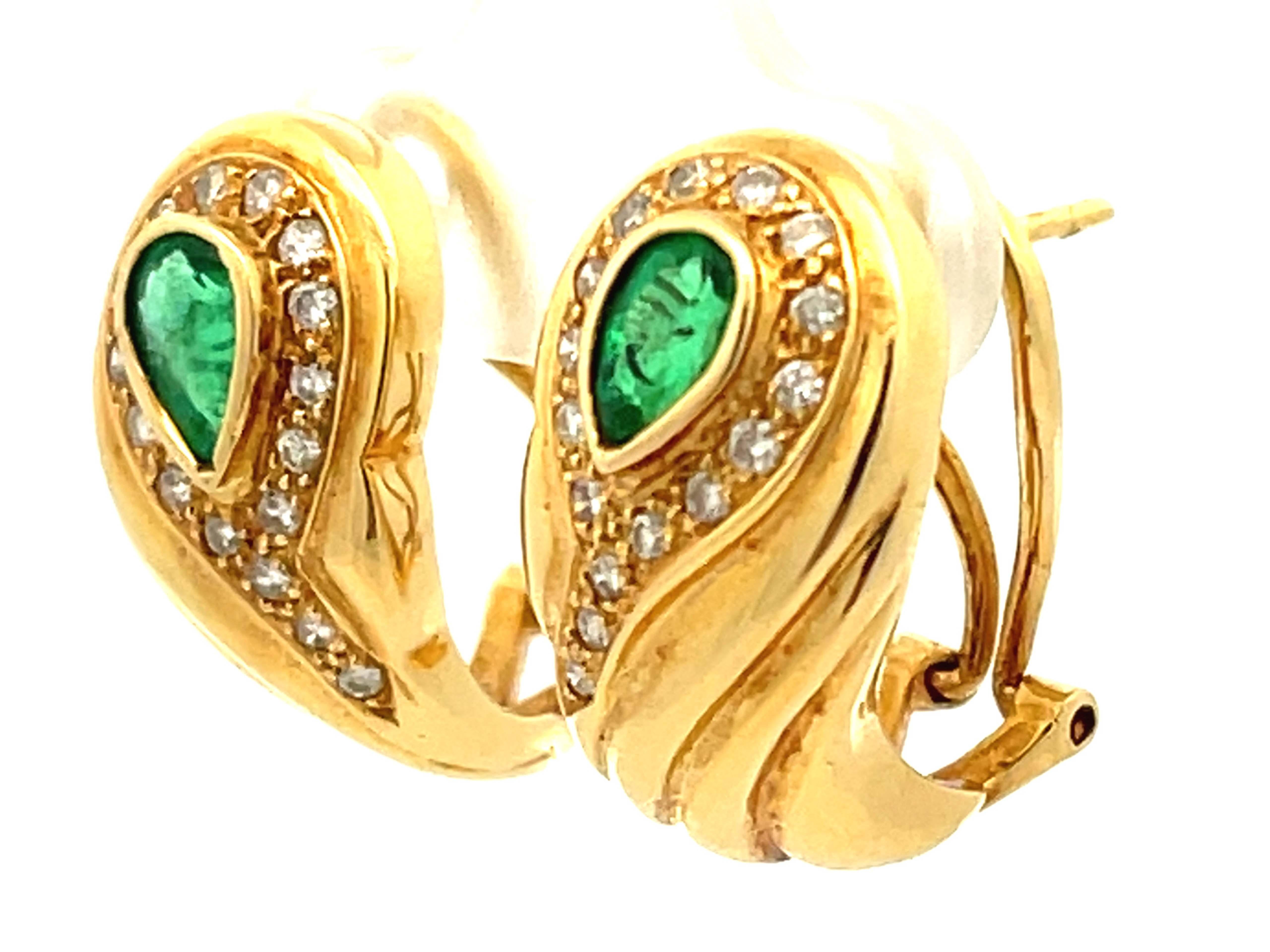 Brilliant Cut Pear Shaped Emerald and Diamond Huggie Earrings in 18k Yellow Gold For Sale