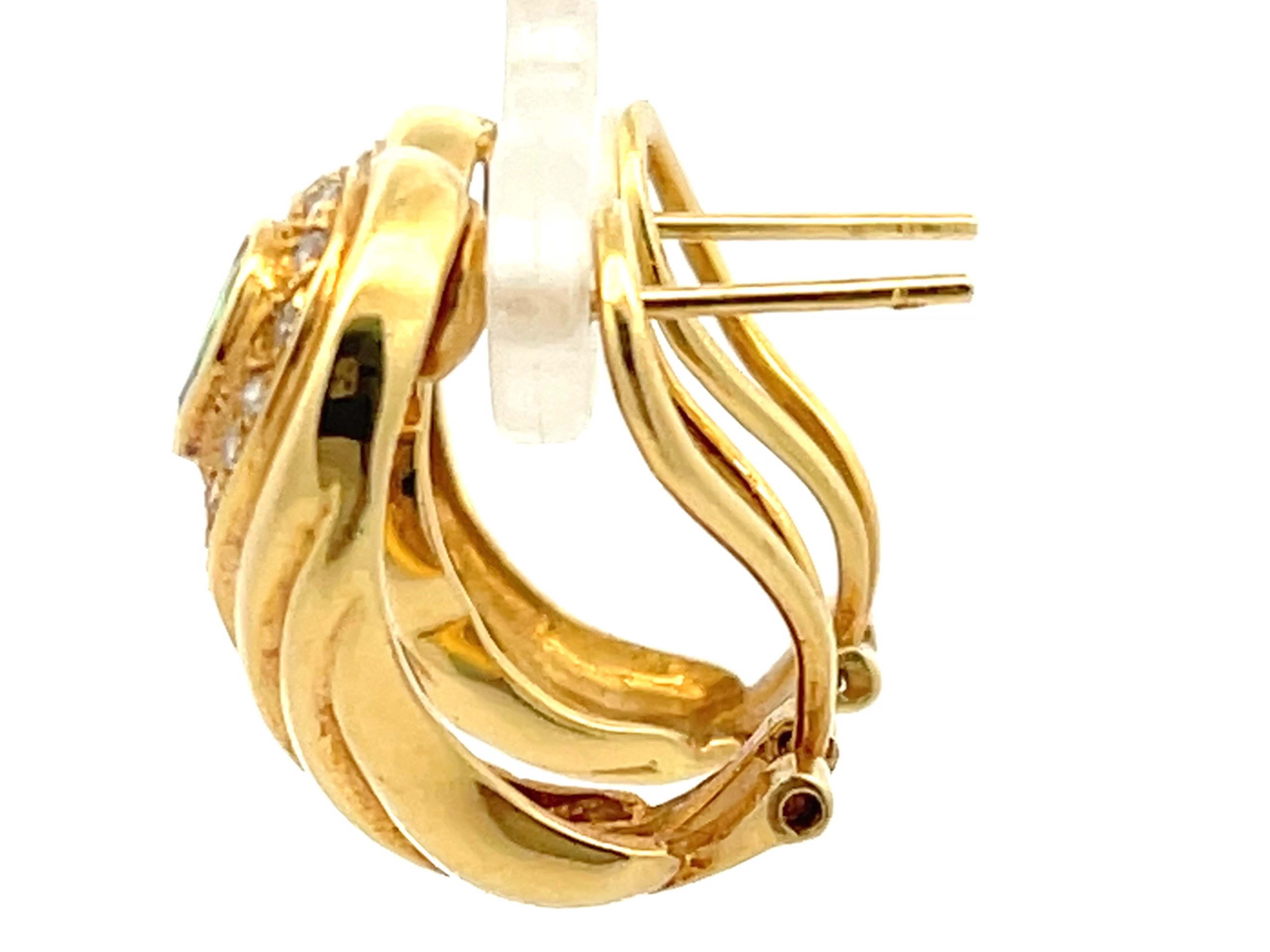 Women's Pear Shaped Emerald and Diamond Huggie Earrings in 18k Yellow Gold For Sale