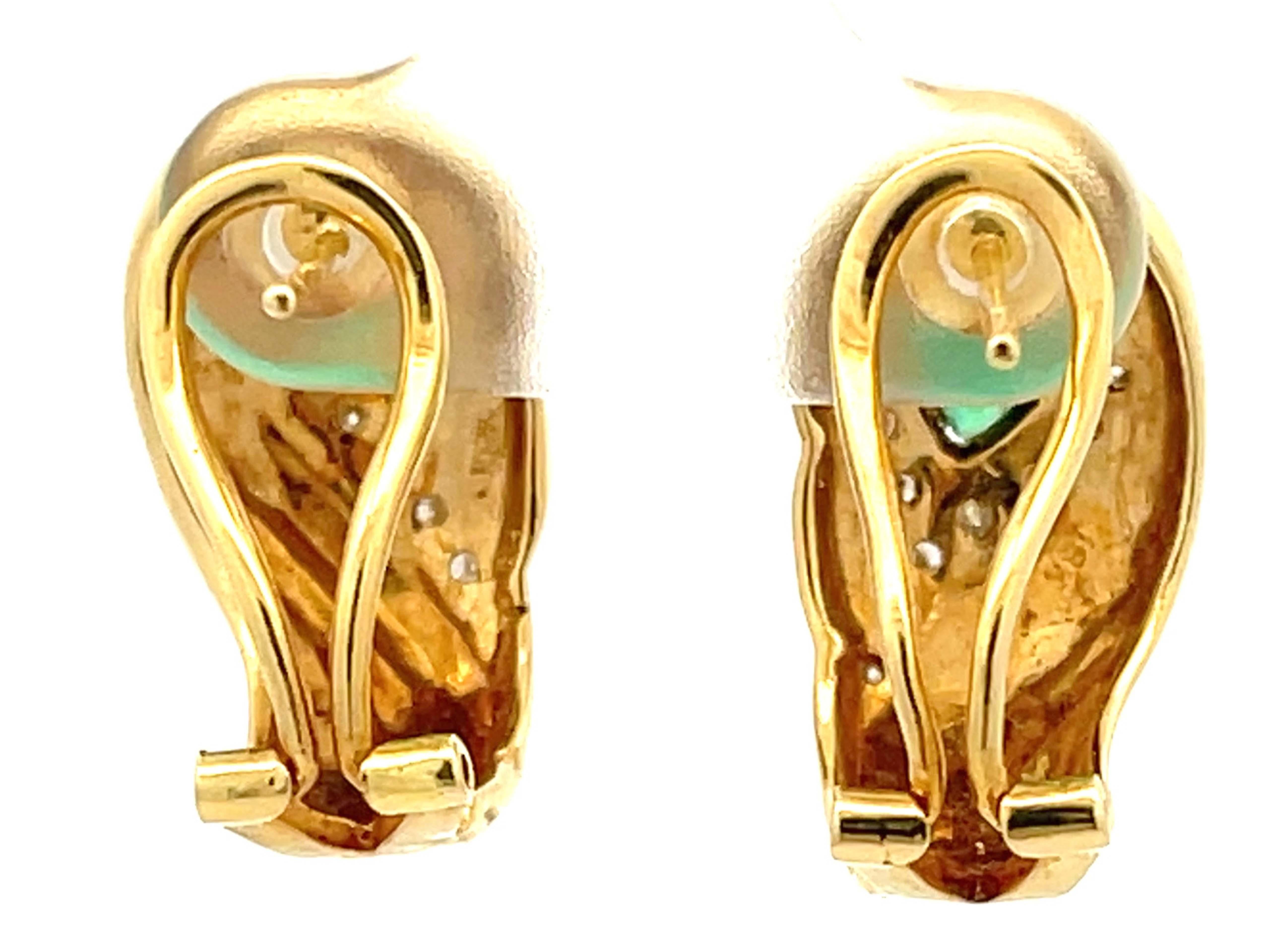 Pear Shaped Emerald and Diamond Huggie Earrings in 18k Yellow Gold For Sale 1
