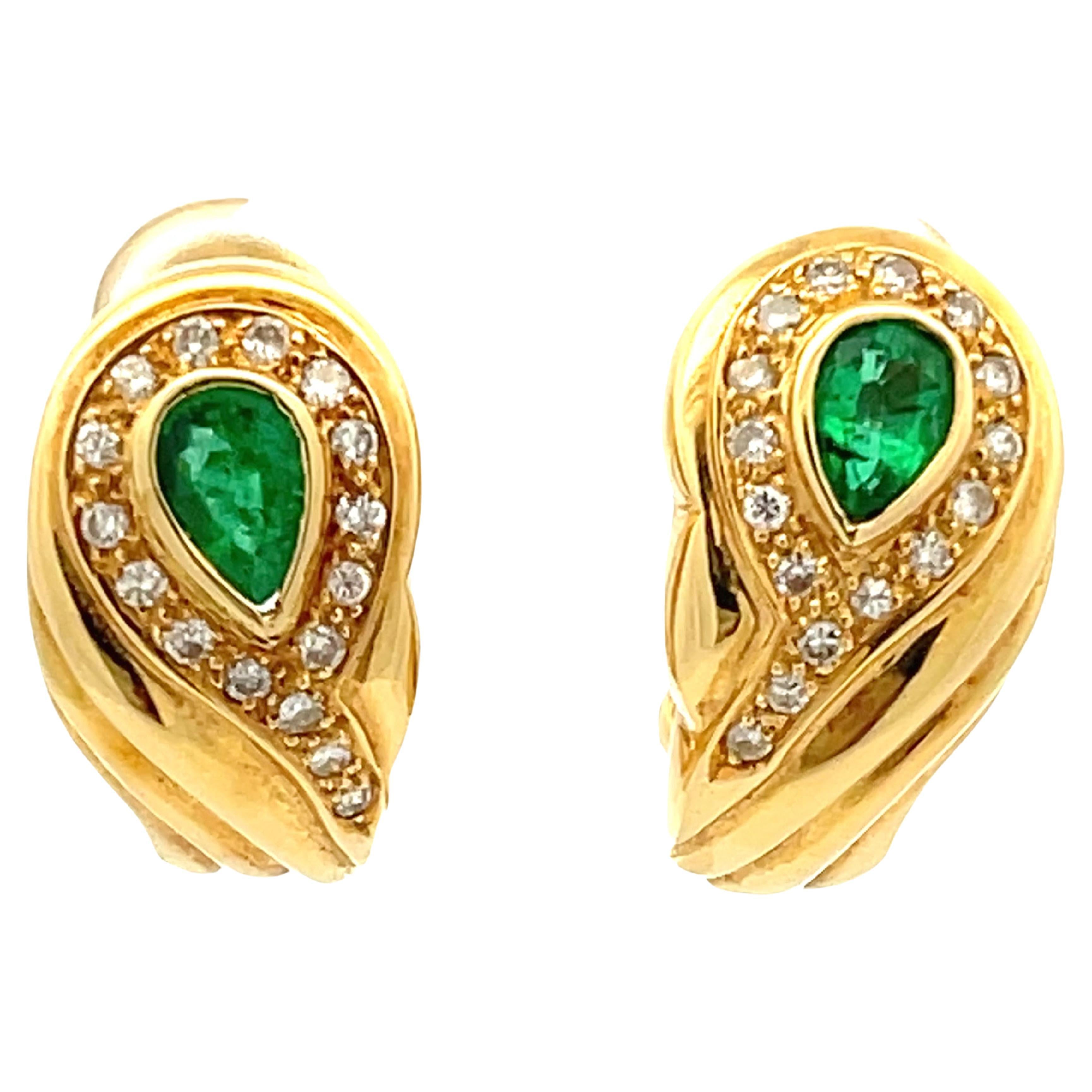 Pear Shaped Emerald and Diamond Huggie Earrings in 18k Yellow Gold For Sale