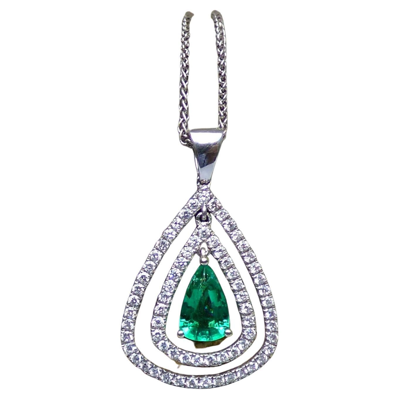Pear Shaped Emerald and Diamond Pendant For Sale