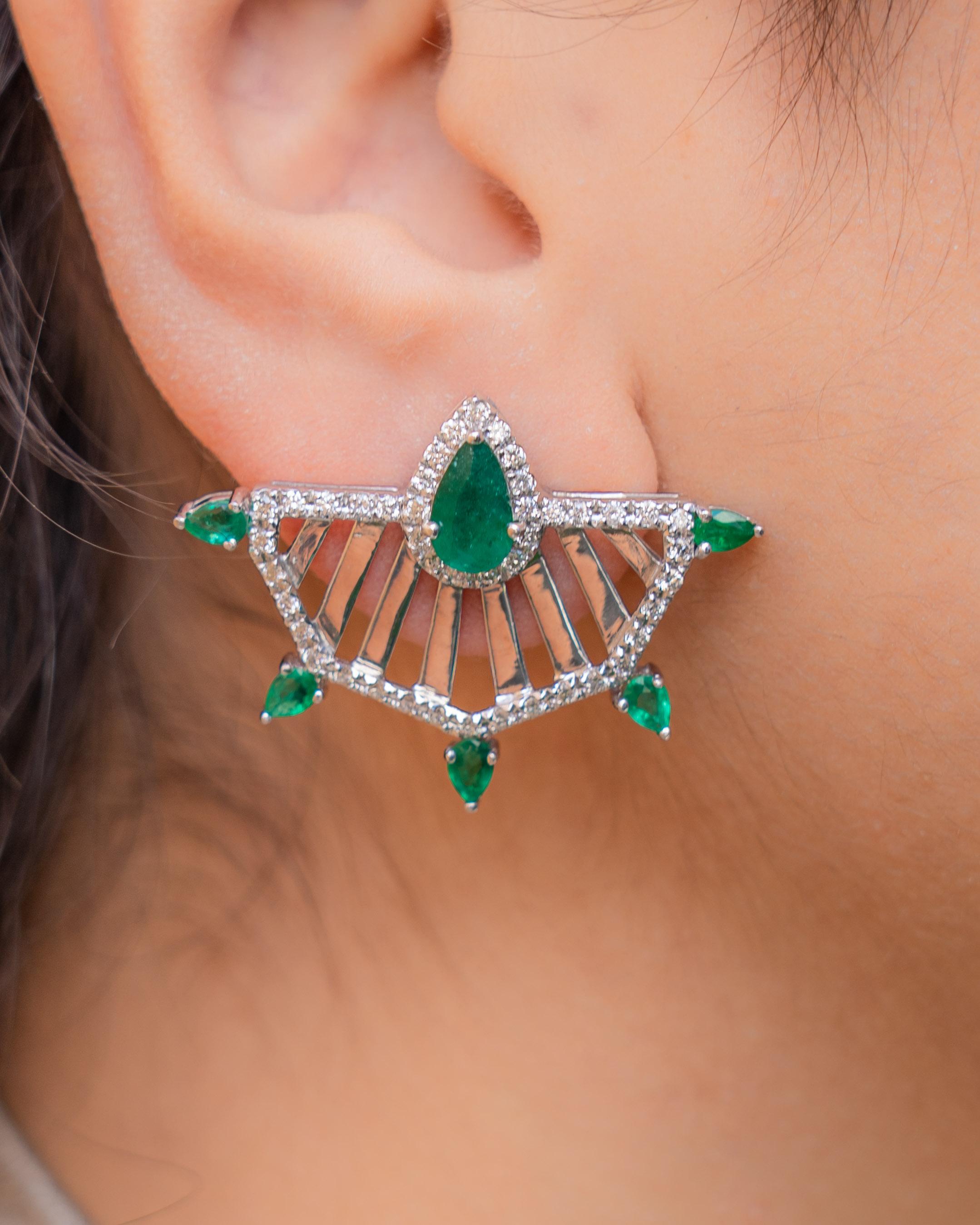 Pear Cut Pear Shaped Emerald and Diamond Studs in 18K White Gold