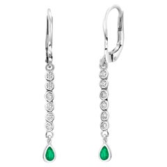 Pear Shaped Emerald and Diamond White Gold Lever Back Earrings