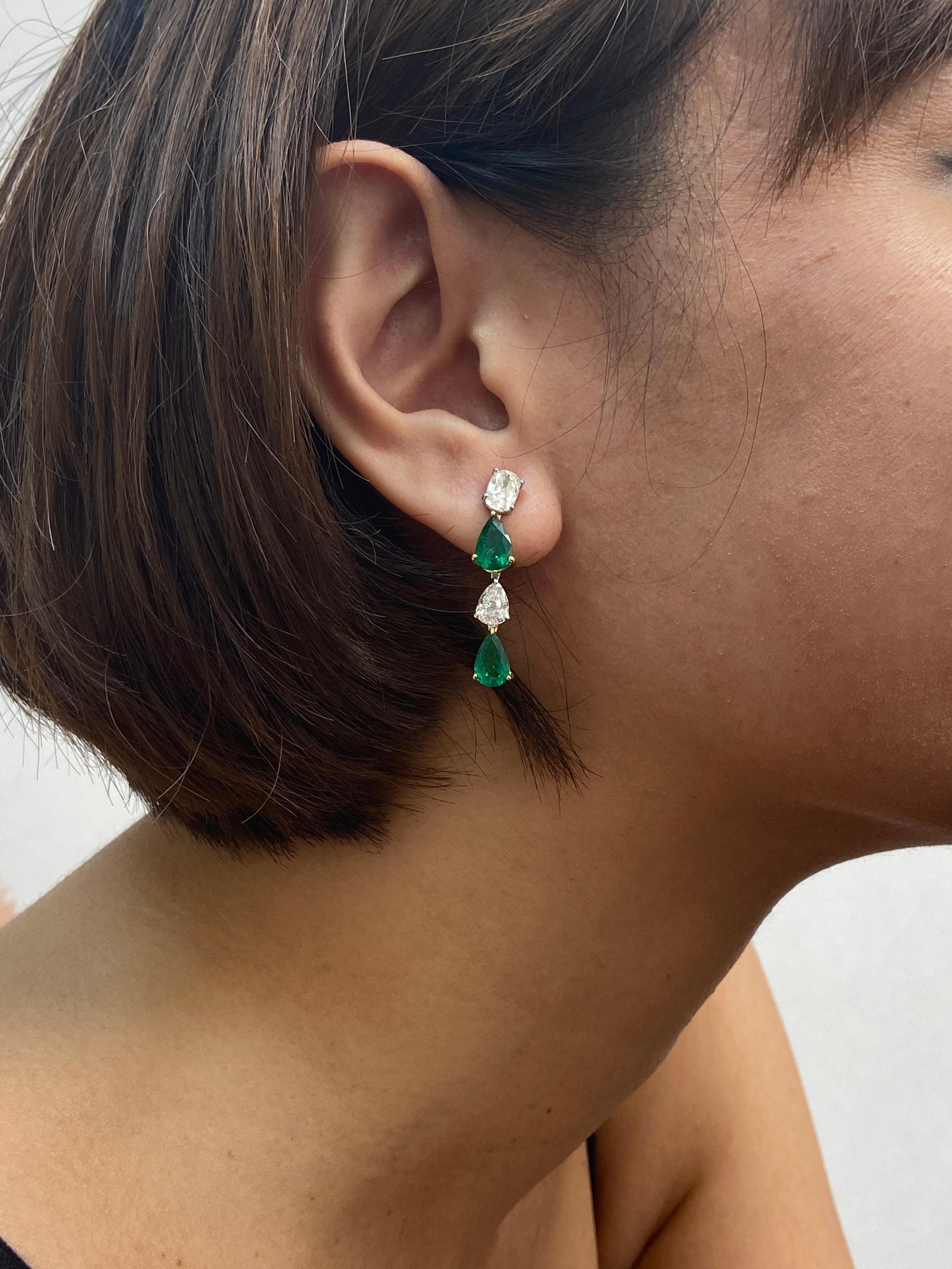 Pear Shaped Emerald and White Diamond Gold Dangle Earrings For Sale 7