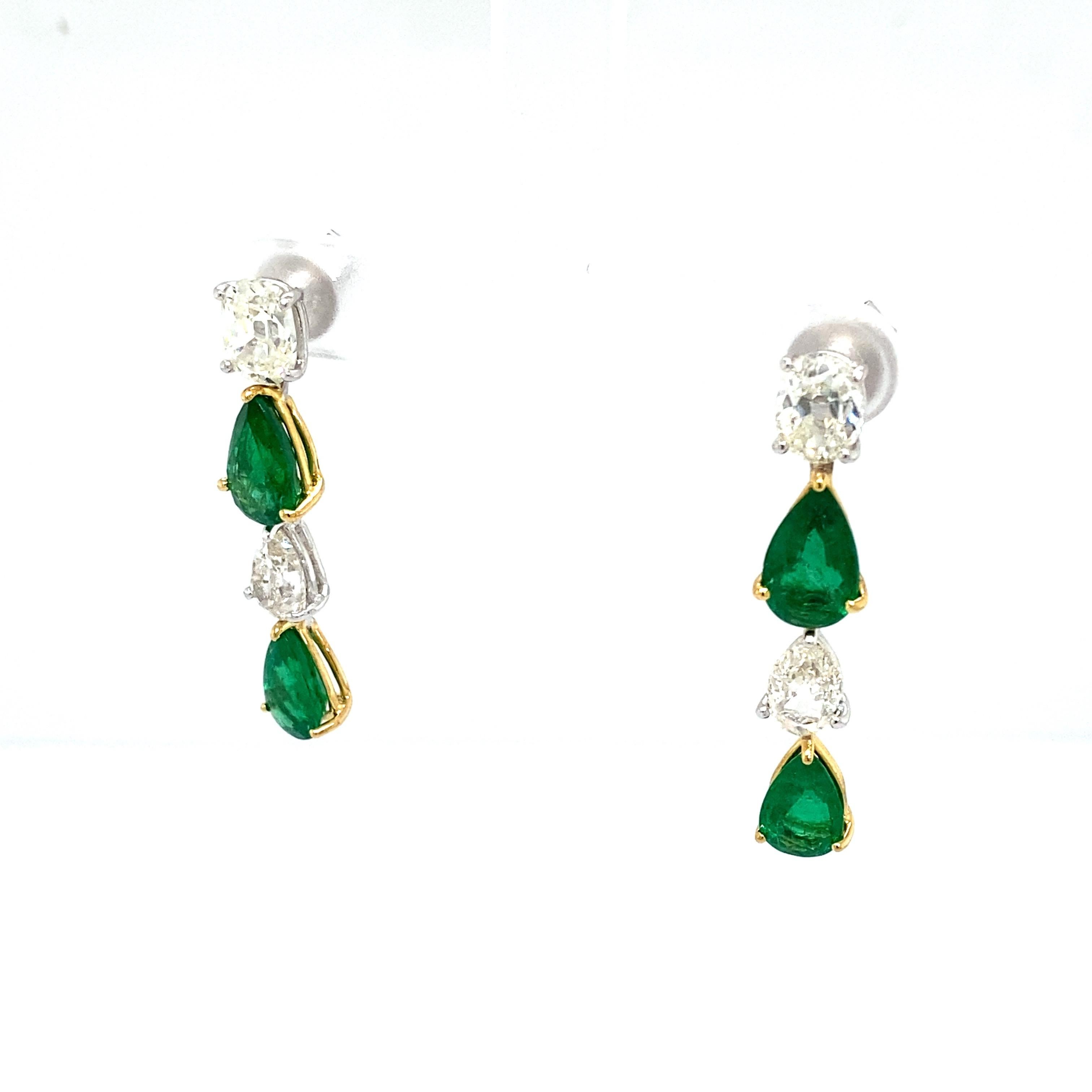 Pear Cut Pear Shaped Emerald and White Diamond Gold Dangle Earrings For Sale
