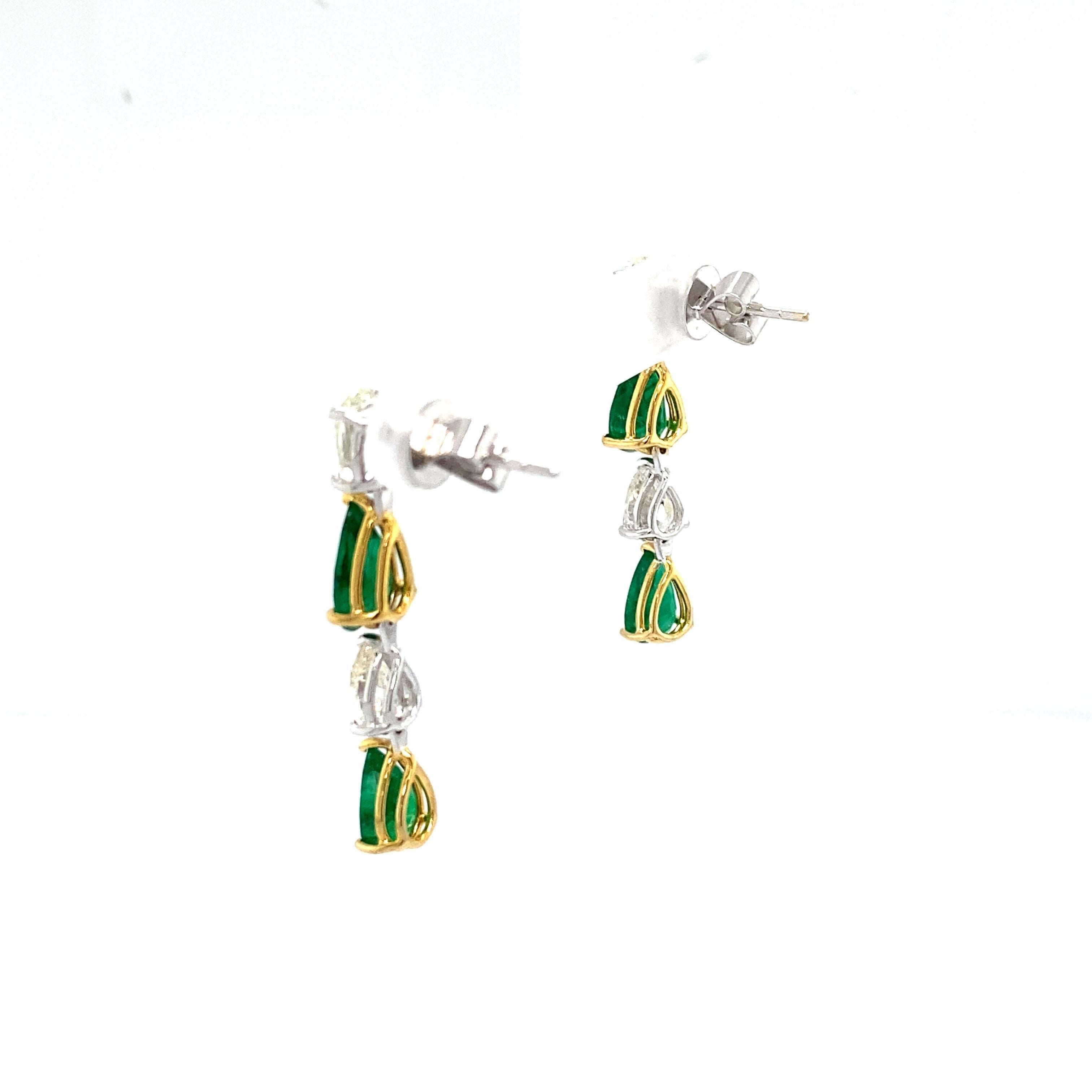 Pear Shaped Emerald and White Diamond Gold Dangle Earrings For Sale 1