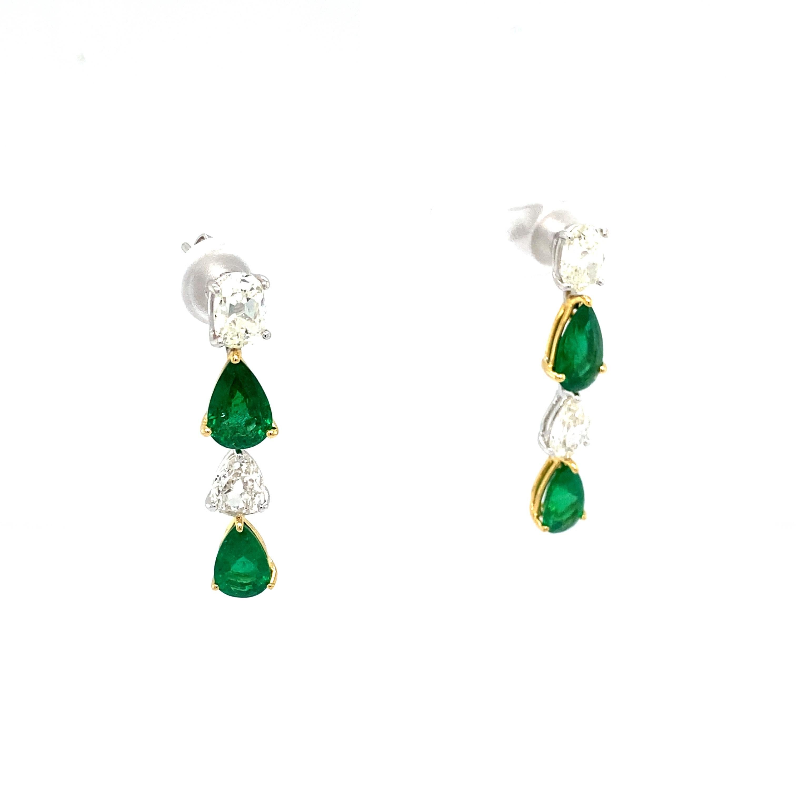 Pear Shaped Emerald and White Diamond Gold Dangle Earrings For Sale 2