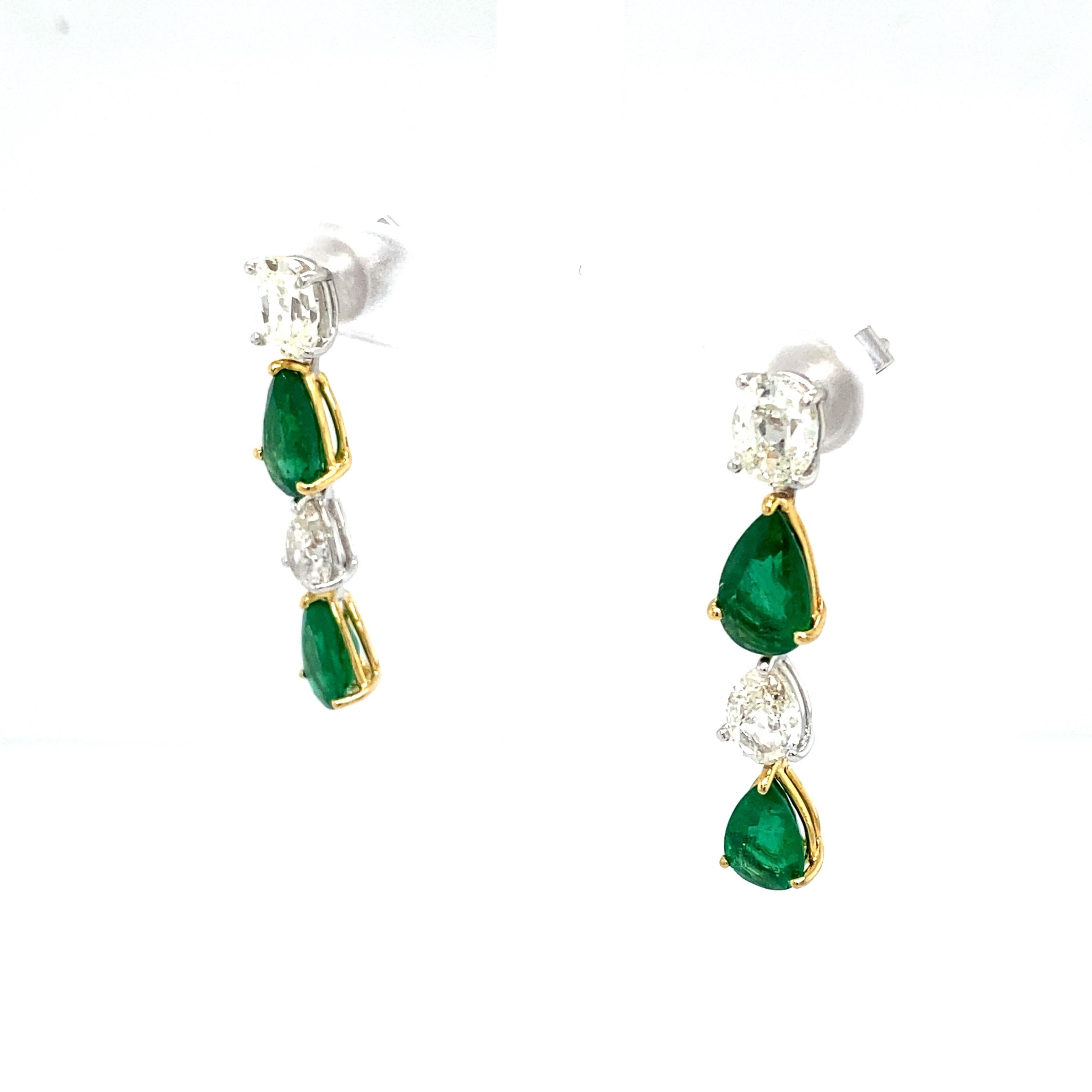 Pear Shaped Emerald and White Diamond Gold Dangle Earrings For Sale 3