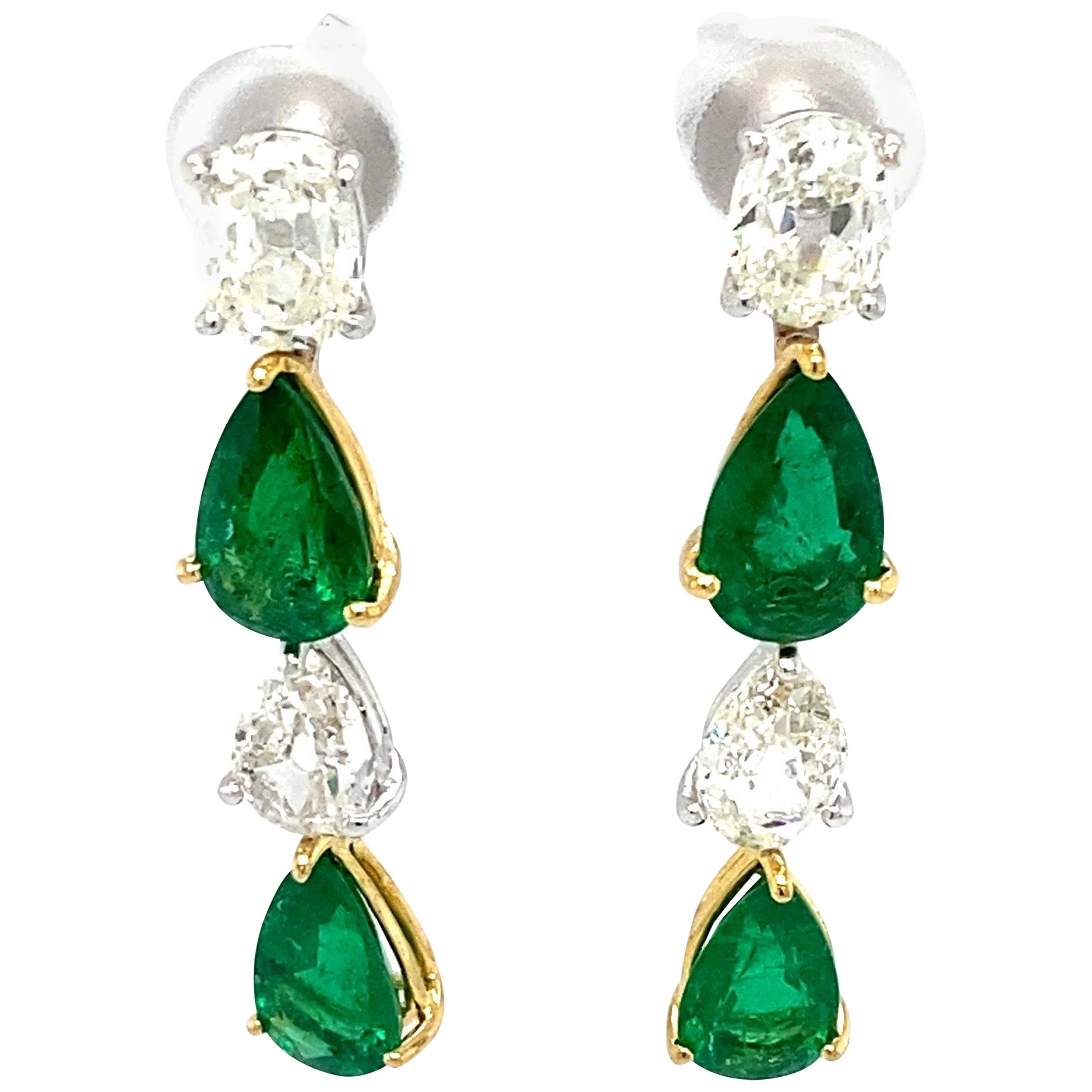 Pear Shaped Emerald and White Diamond Gold Dangle Earrings For Sale