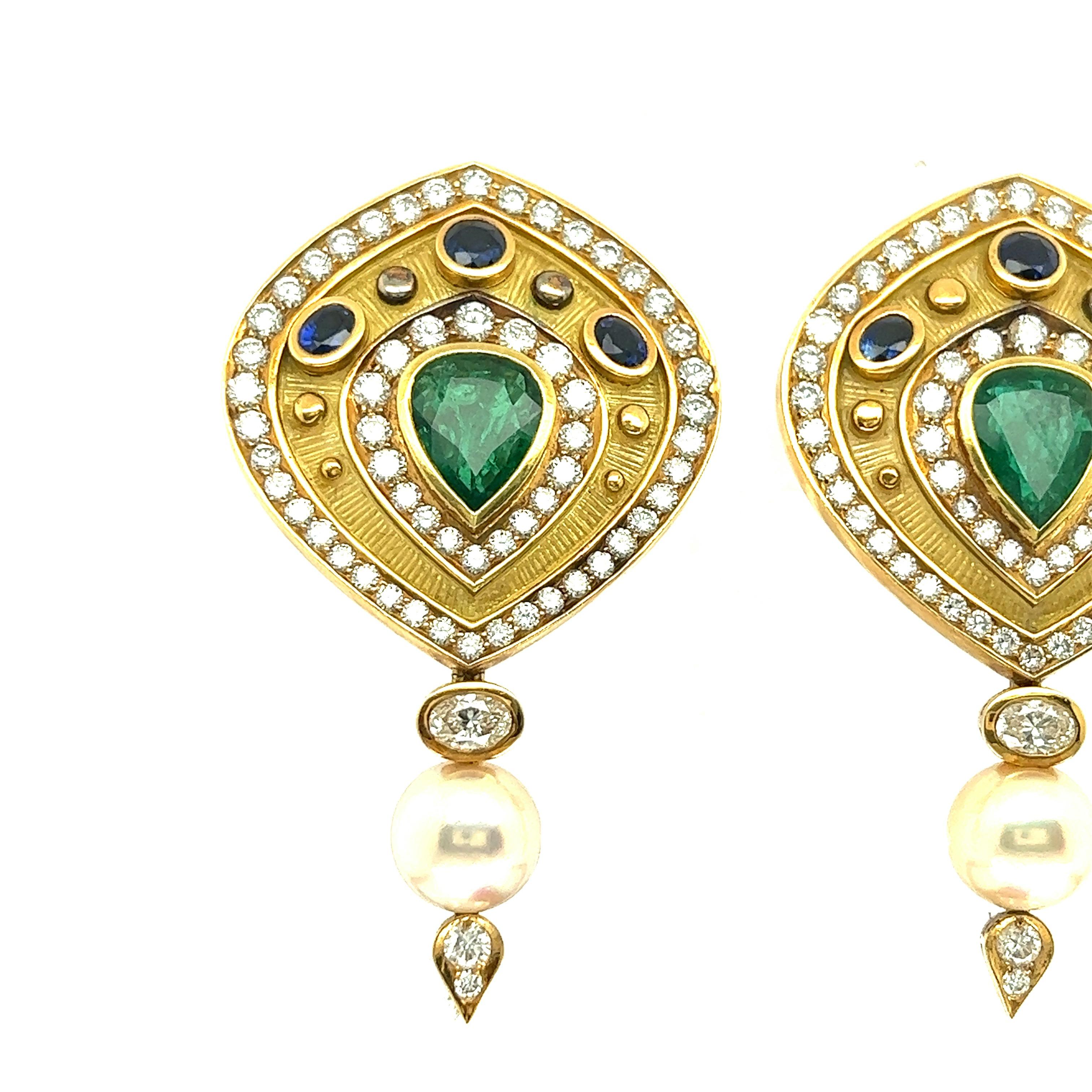 Pear Shaped Emerald, Diamond, and Sapphire 18k Yellow Gold Earrings For Sale 1