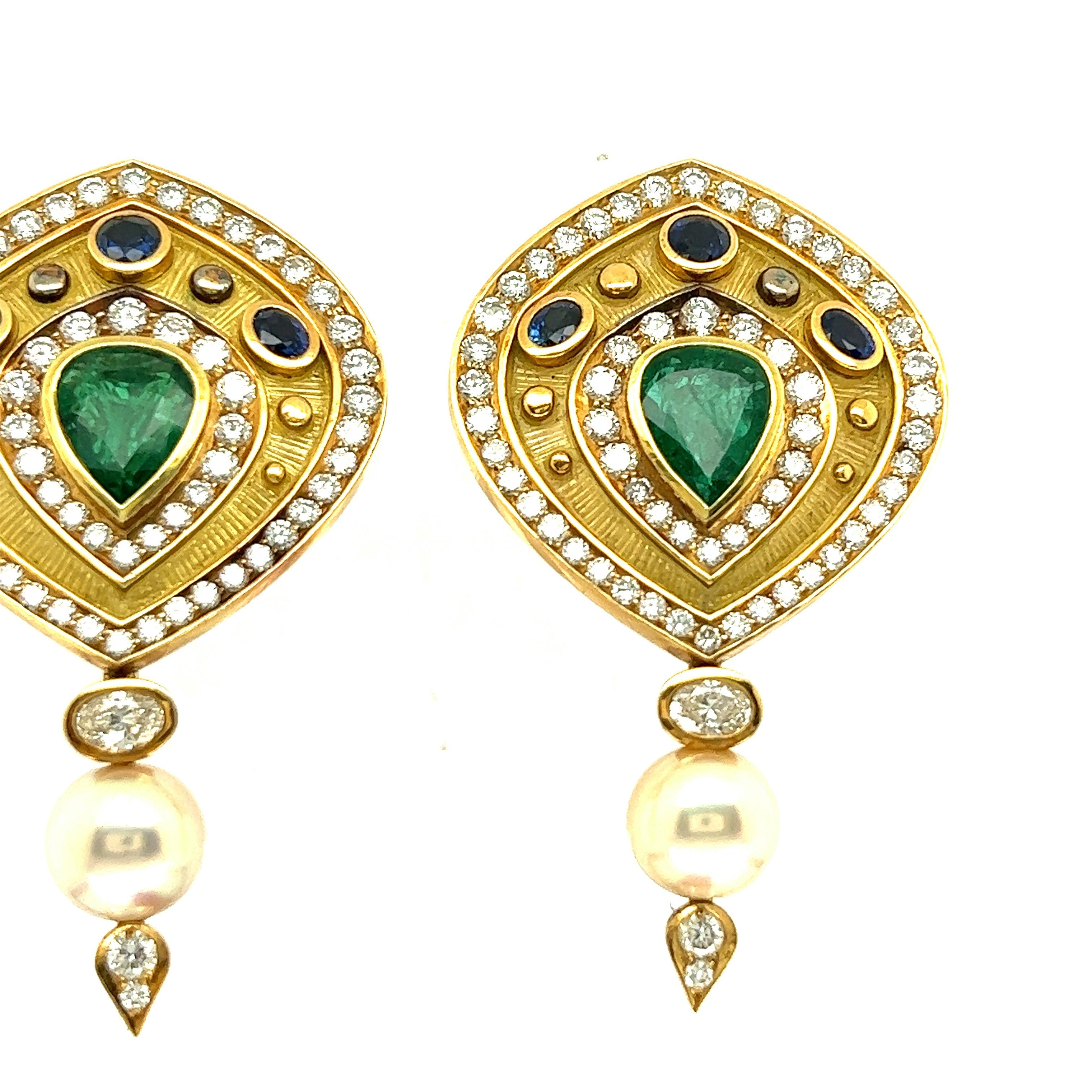 Pear Shaped Emerald, Diamond, and Sapphire 18k Yellow Gold Earrings For Sale 2